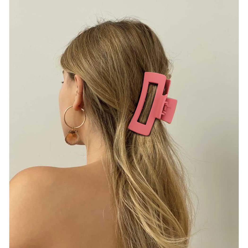 Canitor Pink Hair Clips Set For Women - 4Pcs Matte Rectangular Claw Barrettes, Non-Slip Large Clips For Thick Hair, French Desig