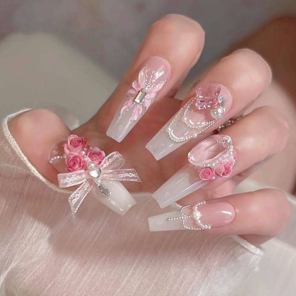 3D Flower Nail Charms, Gradient Red Pink White Resin Acrylic Rose Camellia Flower With Pearls Caviar Beads, Spring Floral Gems J