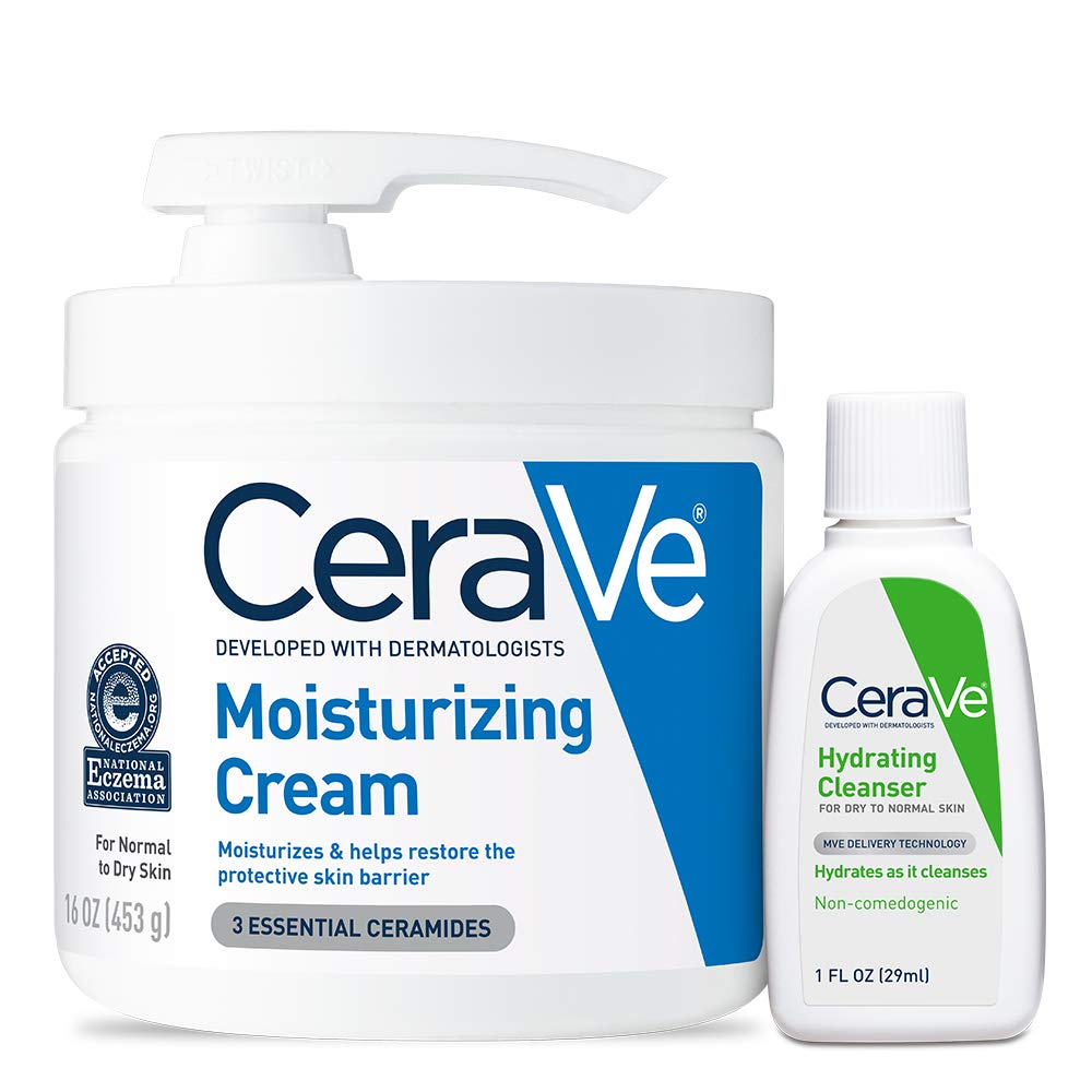 CeraVe Moisturizing Cream Combo Pack - 16 oz with Pump + 1 oz Hydrating Facial Cleanser Trial Size - White