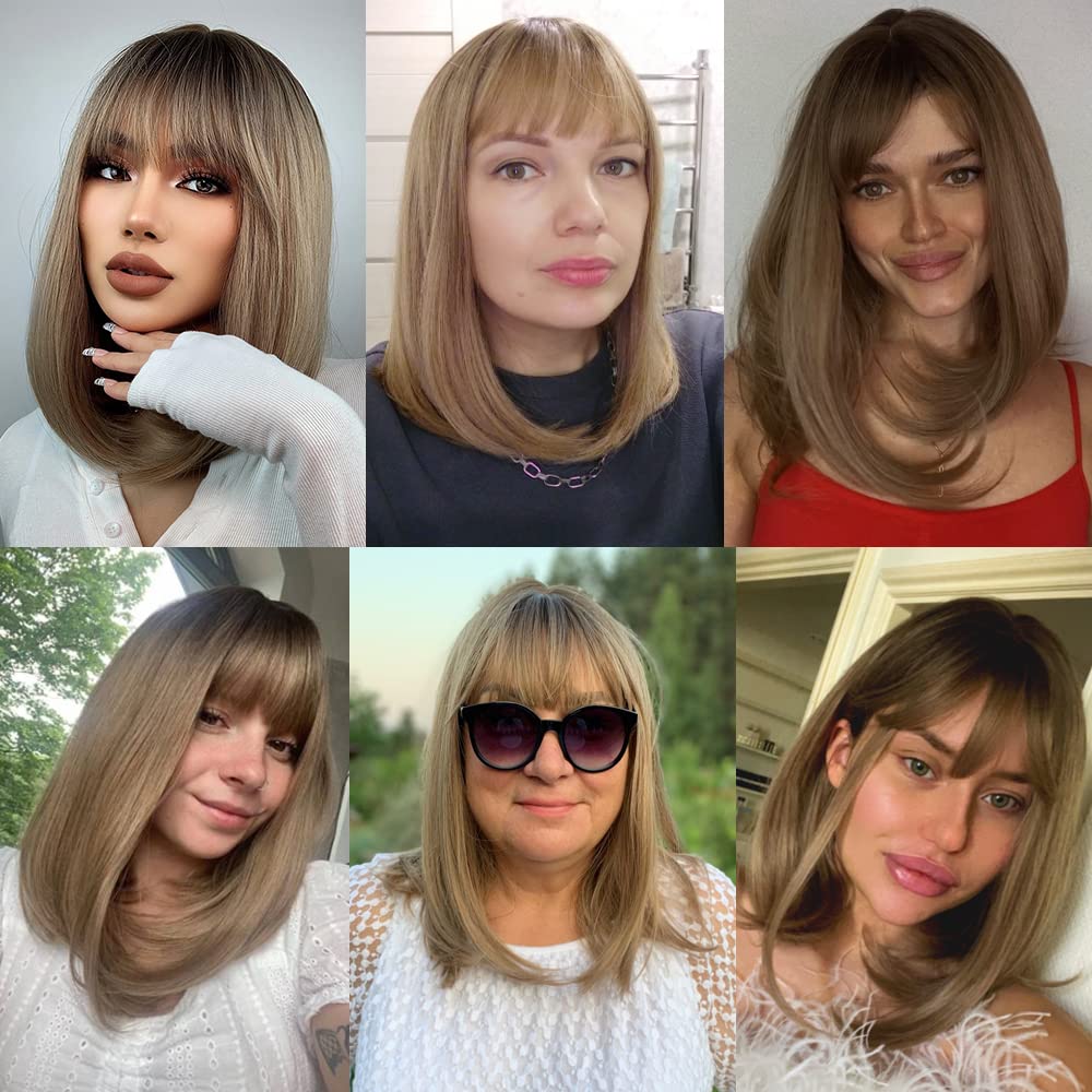 Emmor Blonde Bob Wigs For Women Shoulder Length Synthetic Wig With Fringe Bangs High Heat Resistant Wig(Ombre Blonde)