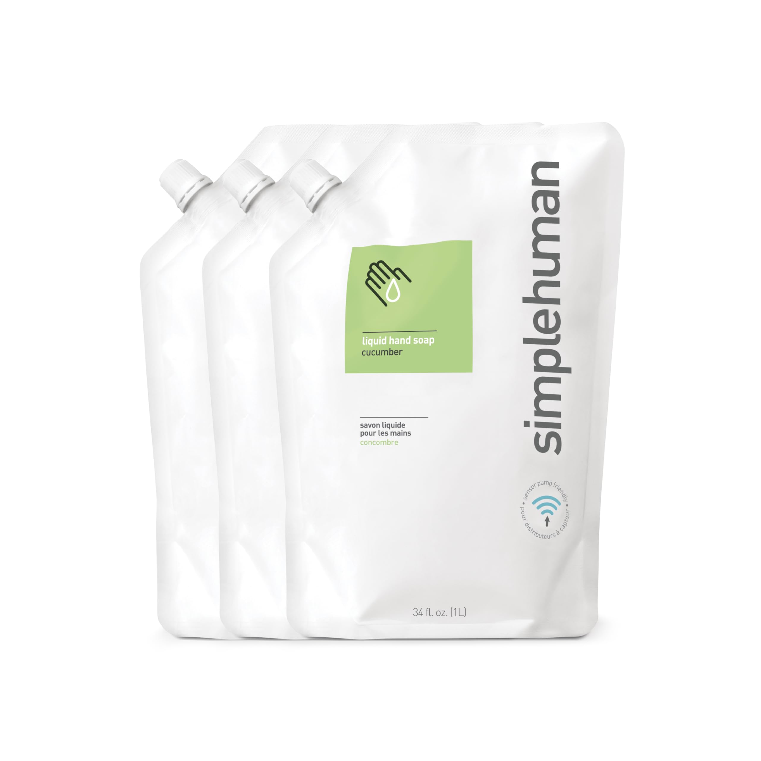 simplehuman Cucumber Moisturizing Liquid Hand Soap Refill Pouch, 34 Fl. Oz. (Pack of 3)