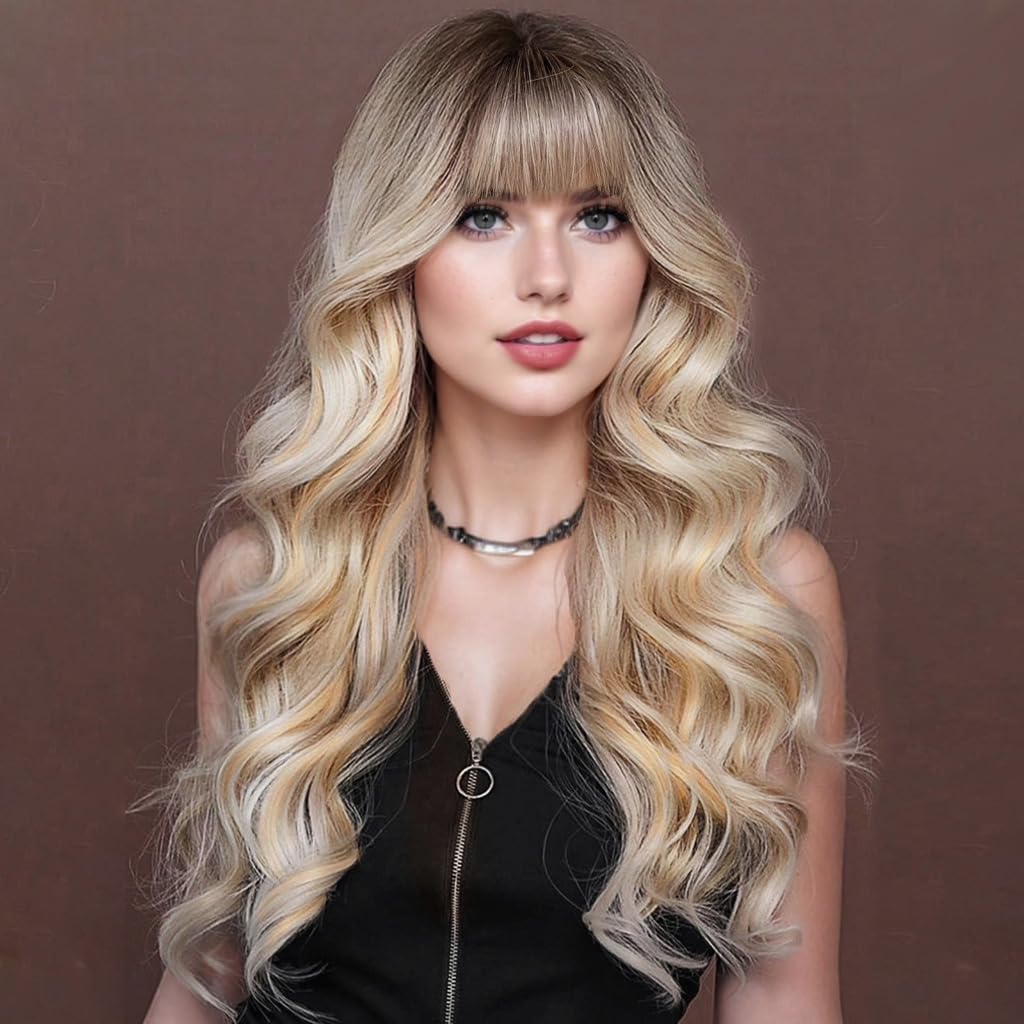 Lativ Ombre Blonde Wig With Bangs Long Wavy Curly Blonde Wig with Dark Roots Heat Resistant Synthetic Wigs for Women Daily Use 2