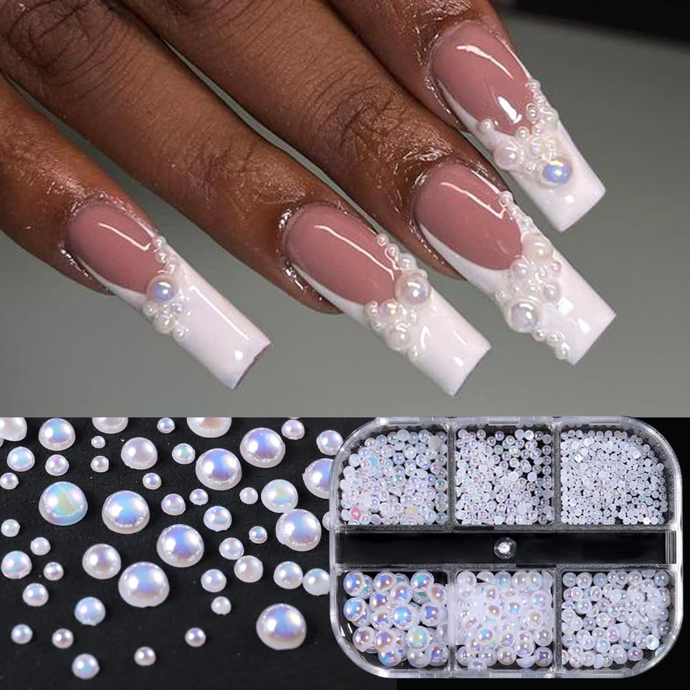 Multi Sizes Half Round Pearls 3D Nail Art Charms, White AB Flatback Pearl Beads Nail Jewelry for Women Nail Decorations DIY Nail