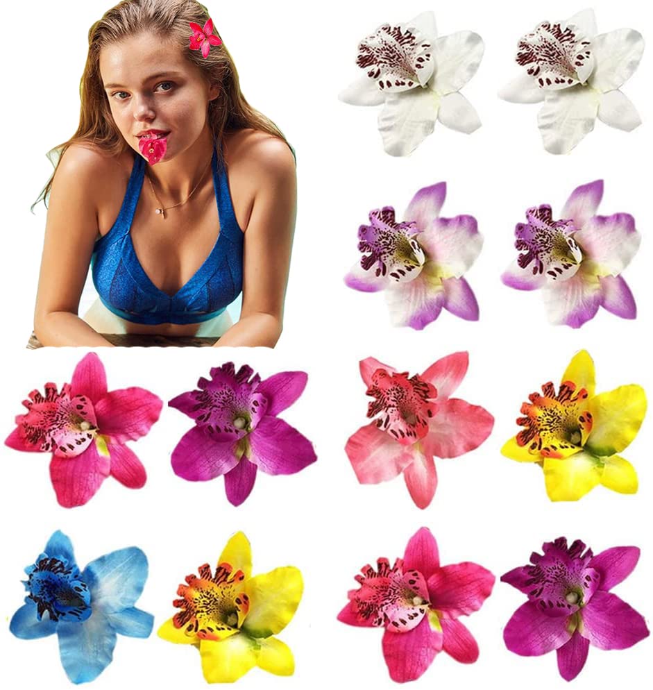 12PCS Double Chiffon Orchid Flower Hair Clips Hawaii Flower Slide Alligator Clip Wedding Party Bridal Hairclips Hair Pins Barret