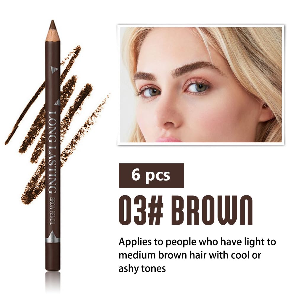 FeiCuiYun 6Pcs Waterproof Medium Brown Eyebrow Pencils - Beginner Makeup, Wooden Hard-Core, Sweat-Proof