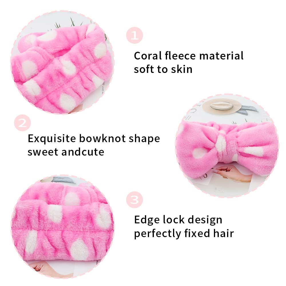 WHAVEL 6 Pack Pink Spa Headbands, Makeup Headbands Skincare Headbands Microfiber Bow Headbands Leopard Stripe Polka Facial Headb