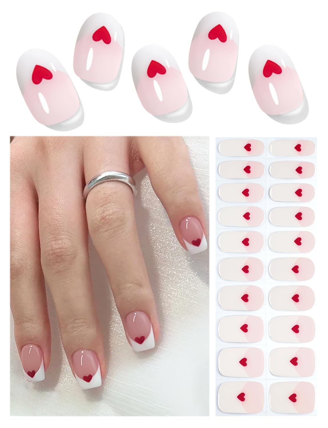 Wahrshei Semi Cured Gel Nail Strips |Gel Polish Nail Wraps | Gel Nail Stickers, UV Light Required-Valentine Style E