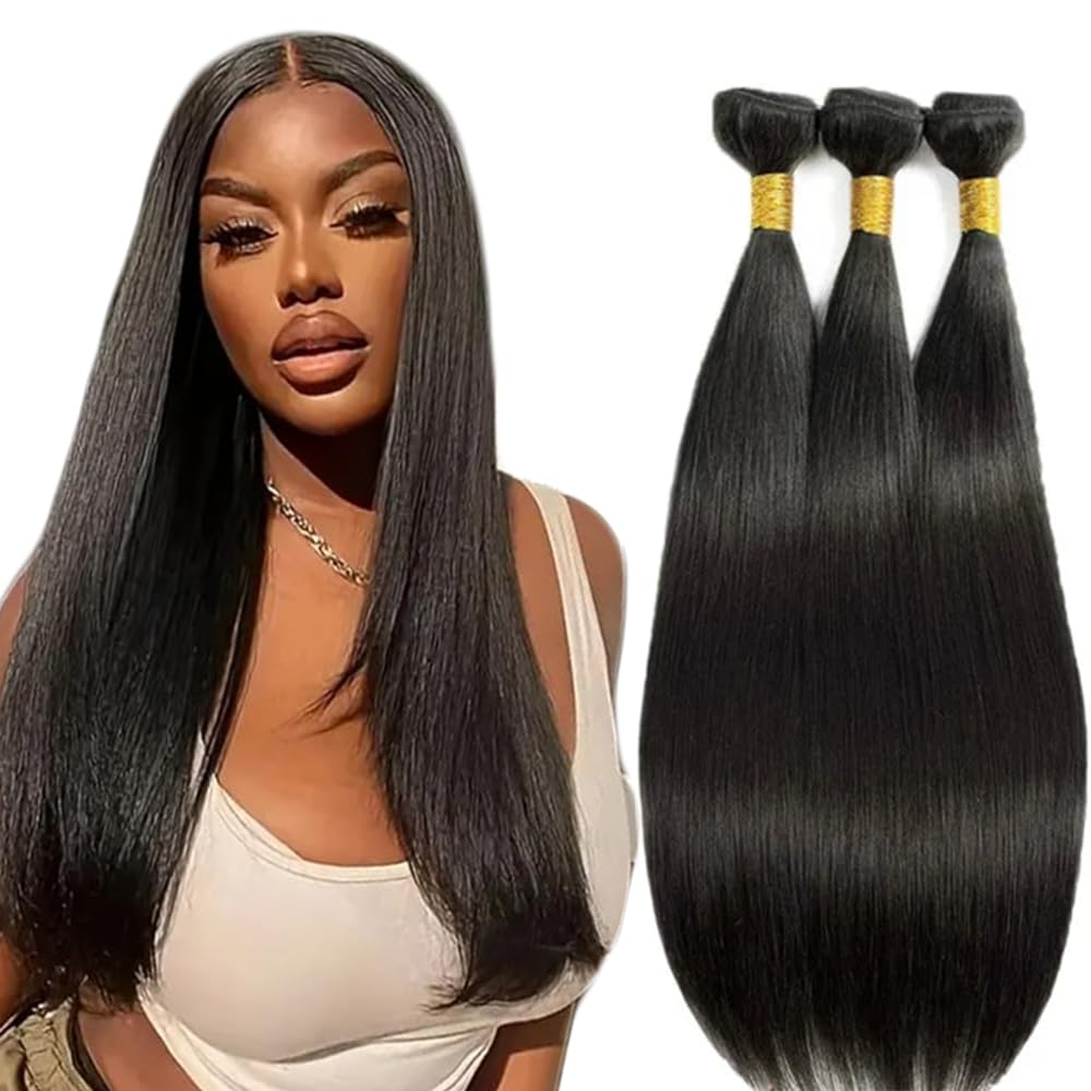 14 16 18 Inch Straight Bundles Human Hair 3 Bundles Brazilian Remy Hair 50 Grams/Bundle Unprocessed Virgin Hair #1B Natural Blac