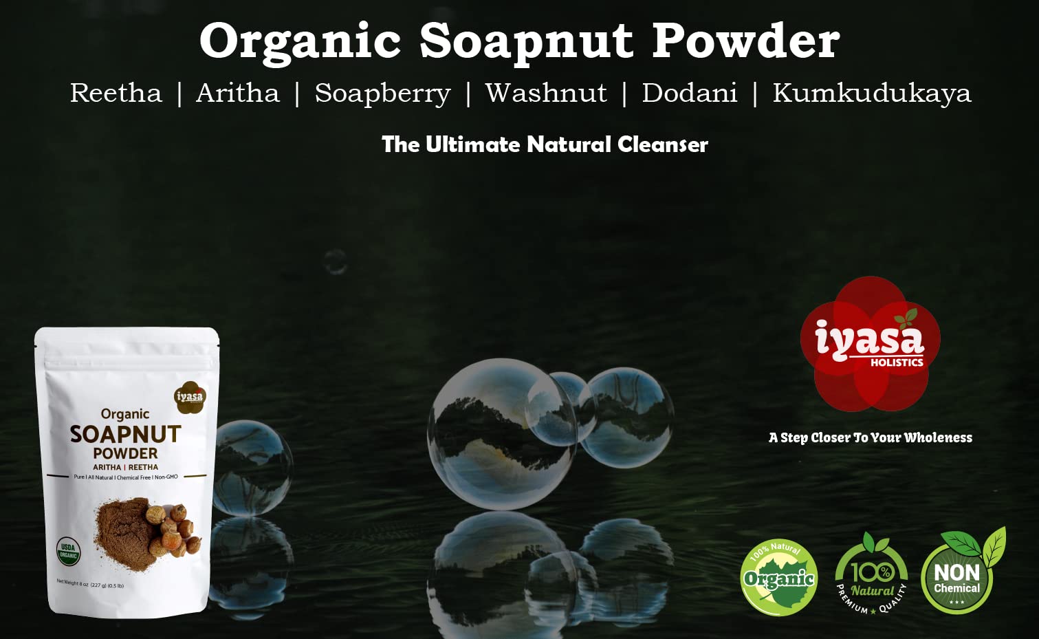 Organic Soapnut Powder, 4Oz Trial Pack, Aritha, Reetha,Sapindus Mukorossi,Natural Skin & Hair Cleanser Shampoo & Conditioner,Lau