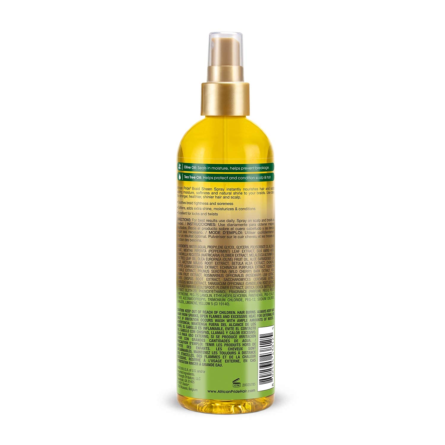 African Pride Olive Miracle Braid Sheen Spray (3 Pack) with tea tree oil and olive oil to protect and moisturize scalp and hair.