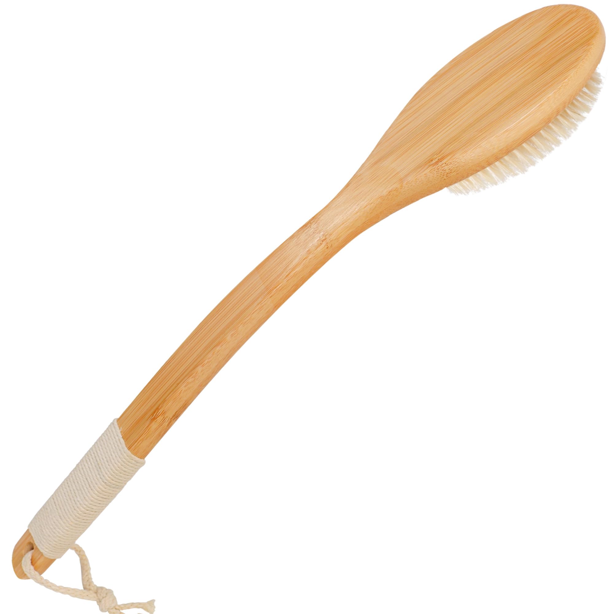 Owiizi Bath Brush Bamboo Curved Long Handle Antiskid Body Brush For Exfoliating, Natural Bristles Shower Scrubber For Back Use W