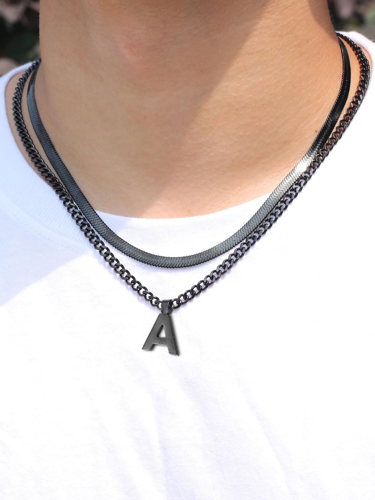 P.BLAKE Layered Initial D Pendant Necklace for Men, Stainless Steel Letter Cuban Link Herringbone Jewelry Collar Cadenas Para Ho