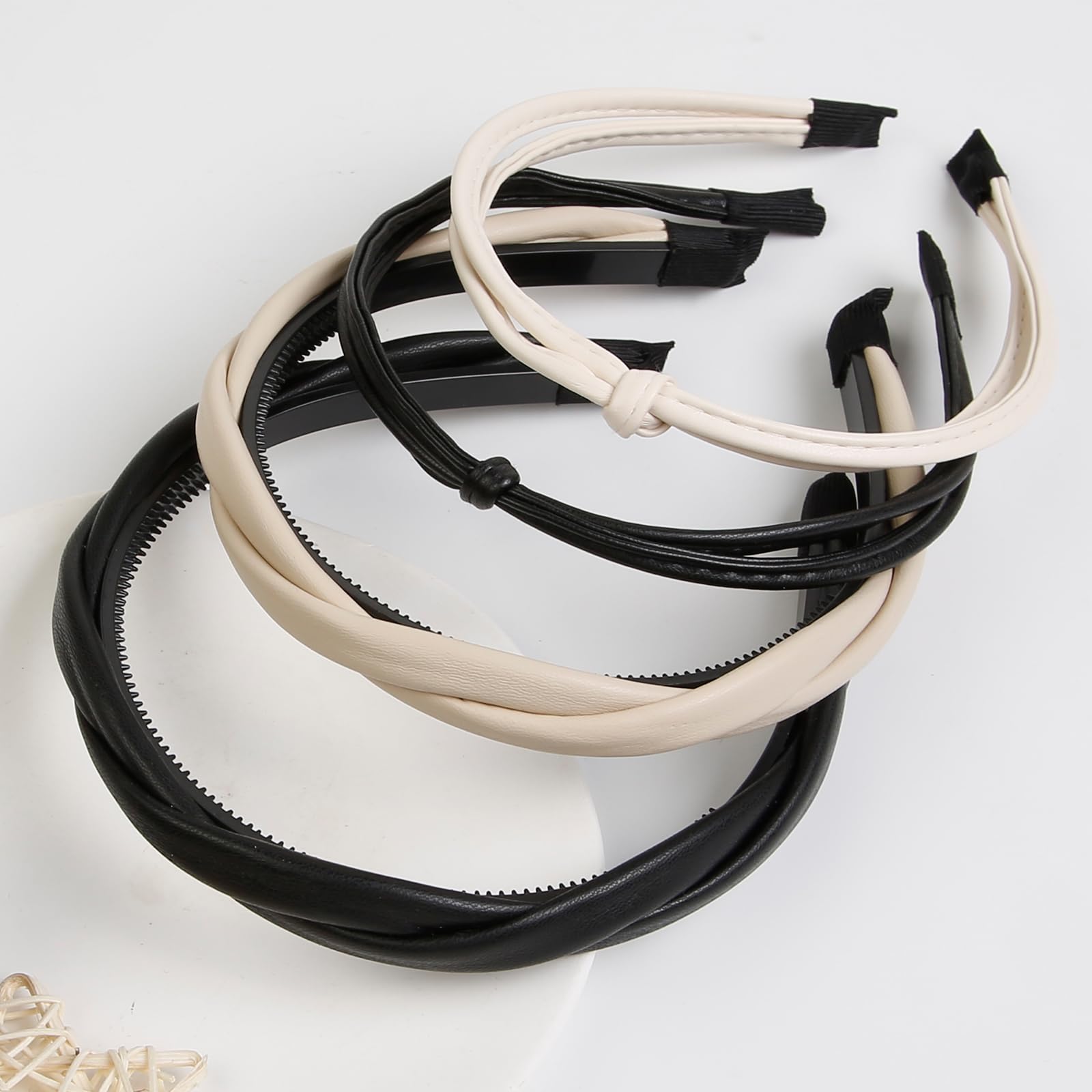 Wovowovo 4 Packs Leather Headbands For Women, Twisted And Skinny Knotted Headbands Non Slip Fashion Thin Hairbands For Women Gir