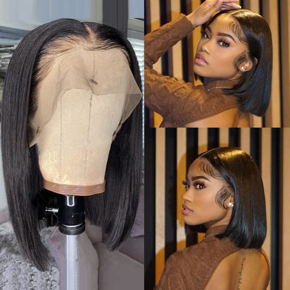 Karlami Bob Hair Wig Human Hair Straight 13X6 Hd Lace Frontal Wigs Pre Plucked 150% Density With Baby Hair Natural Black Side Pa