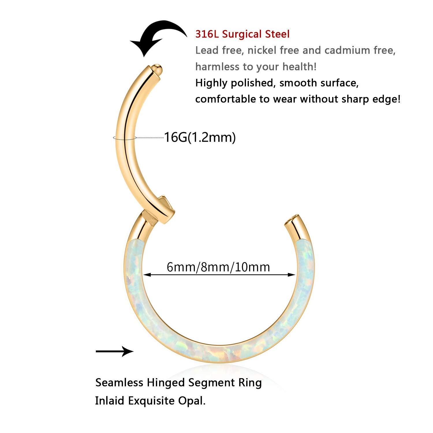 FUNLMO 16G Septum Ring 8mm Daith Earrings Clicker Nose Rings Helix Conch Piercing Jewelry Surgical Steel White Opal Inlaid Gold