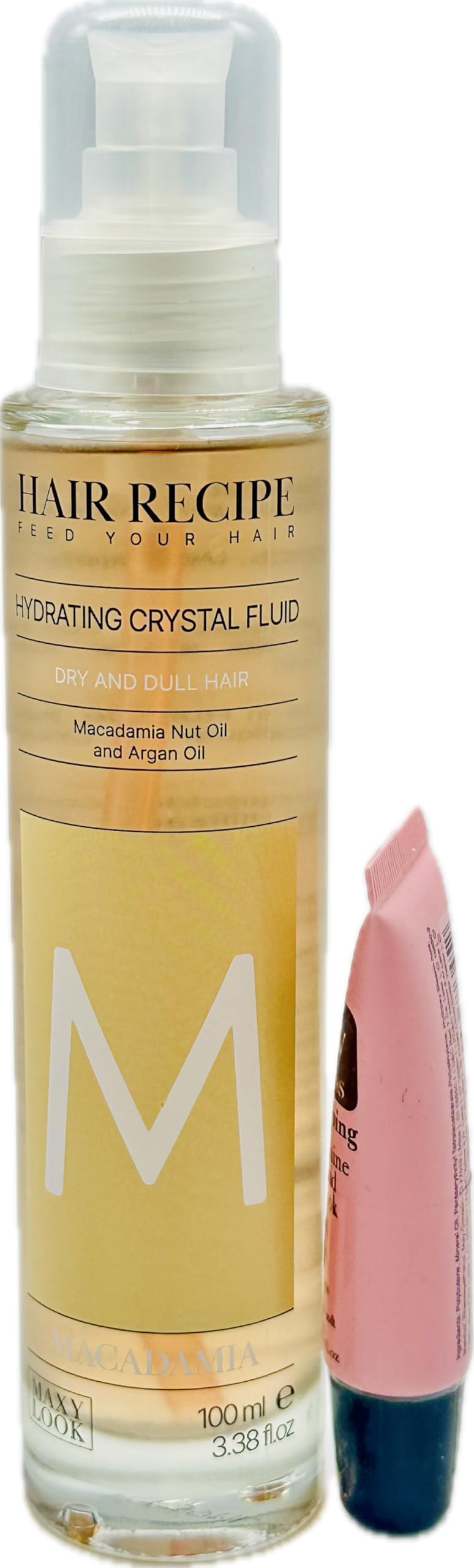 Maxy Look Hair Recipe Feed Your Hair Hydrating Crystal Macademia Nut Oil & Argan Fluid 3.38 oz /100ml  Free Starry Sexy Lip Plu