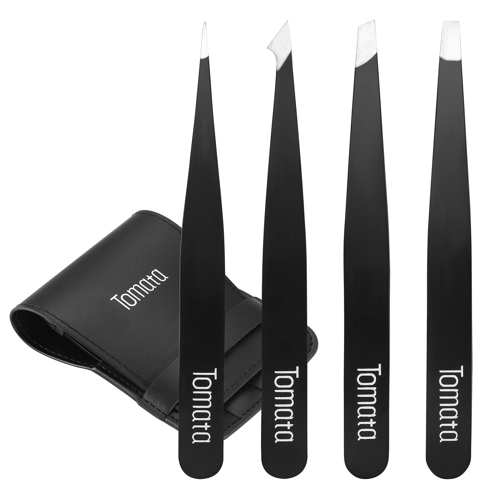 Tomata Tweezers for Eyebrows, 4-piece Slant Tip and Pointed Eyebrow Tweezer Set Great Precision for Eyebrows Facial Hair, Ingrow