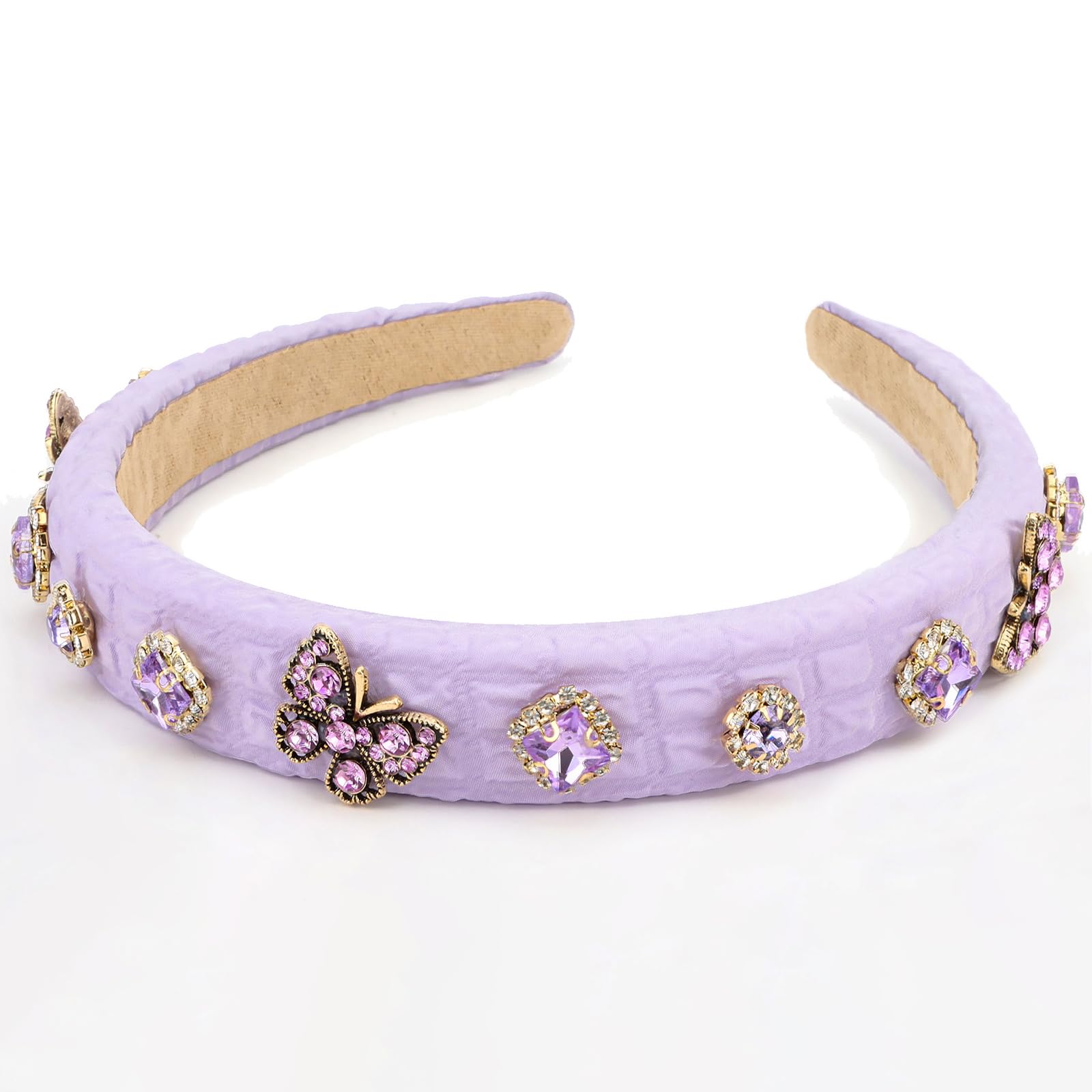 Wecoe Purple Padded Butterfly Rhinestone Headband Women Vintage Fancy Sparkly Bling Diamond Comfortable Thick Puffy Fashion Non 