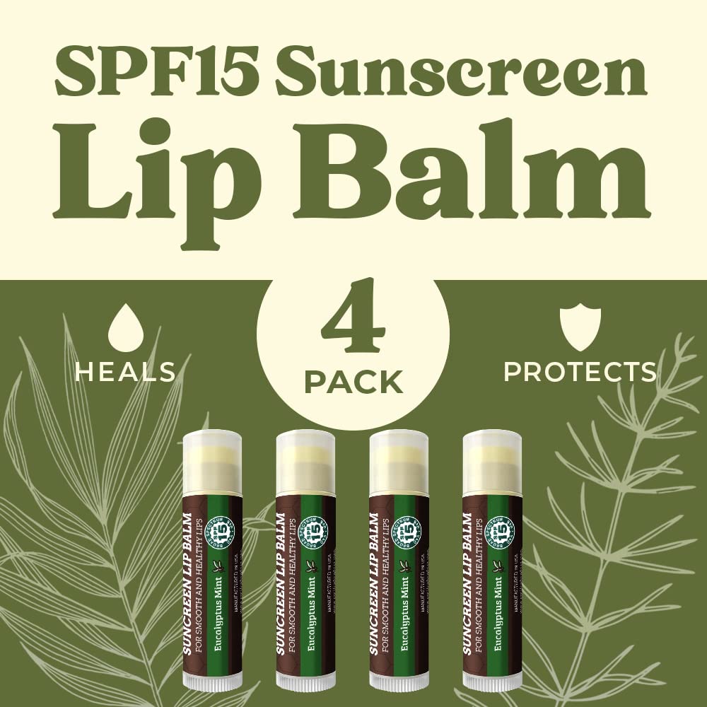 Spf Lip Balm 4-Pack By Earth'S Daughter - Lip Sunscreen, Spf 15, Organic Ingredients, Eucalyptus Mint Flavor, Beeswax, Coconut O