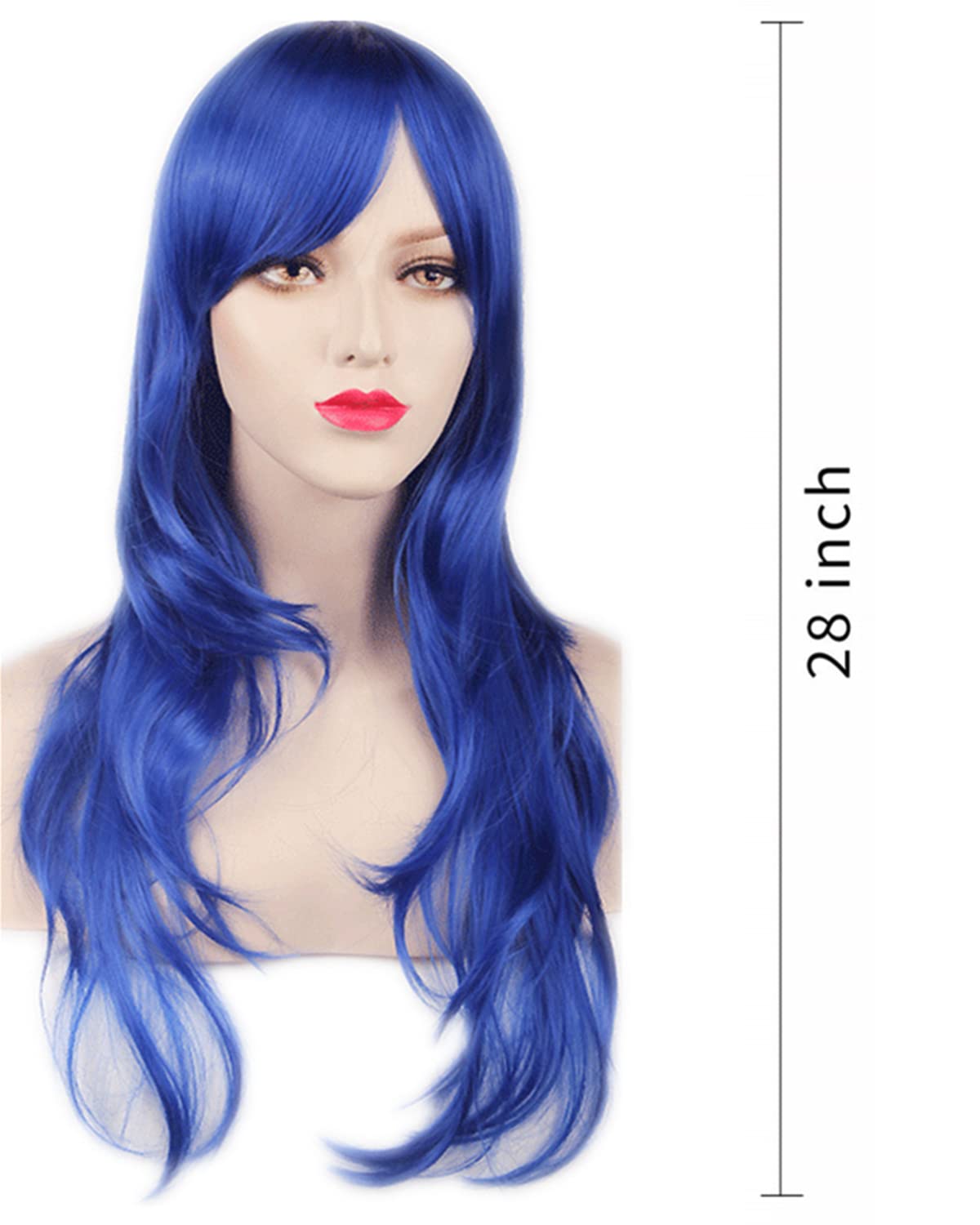 AneShe 28" Long Wavy Cosplay Wig for Women - Heat Resistant Blue Hair, Human & Synthetic Material