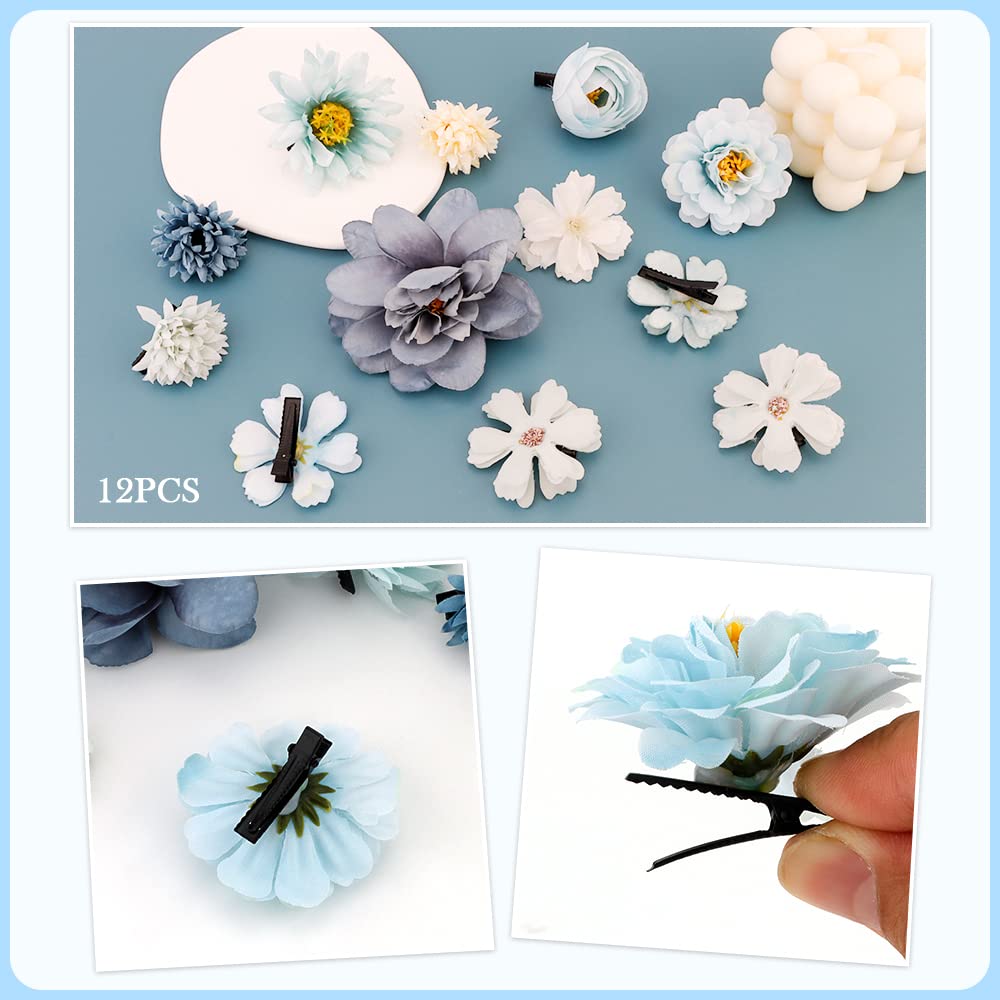 Ahoney 12 Pieces Bohemian Flowers Hair Clips For Women Girls, Hawaiian Artificial Multiple Flower Chiffon Flower Hair Pin Hair A