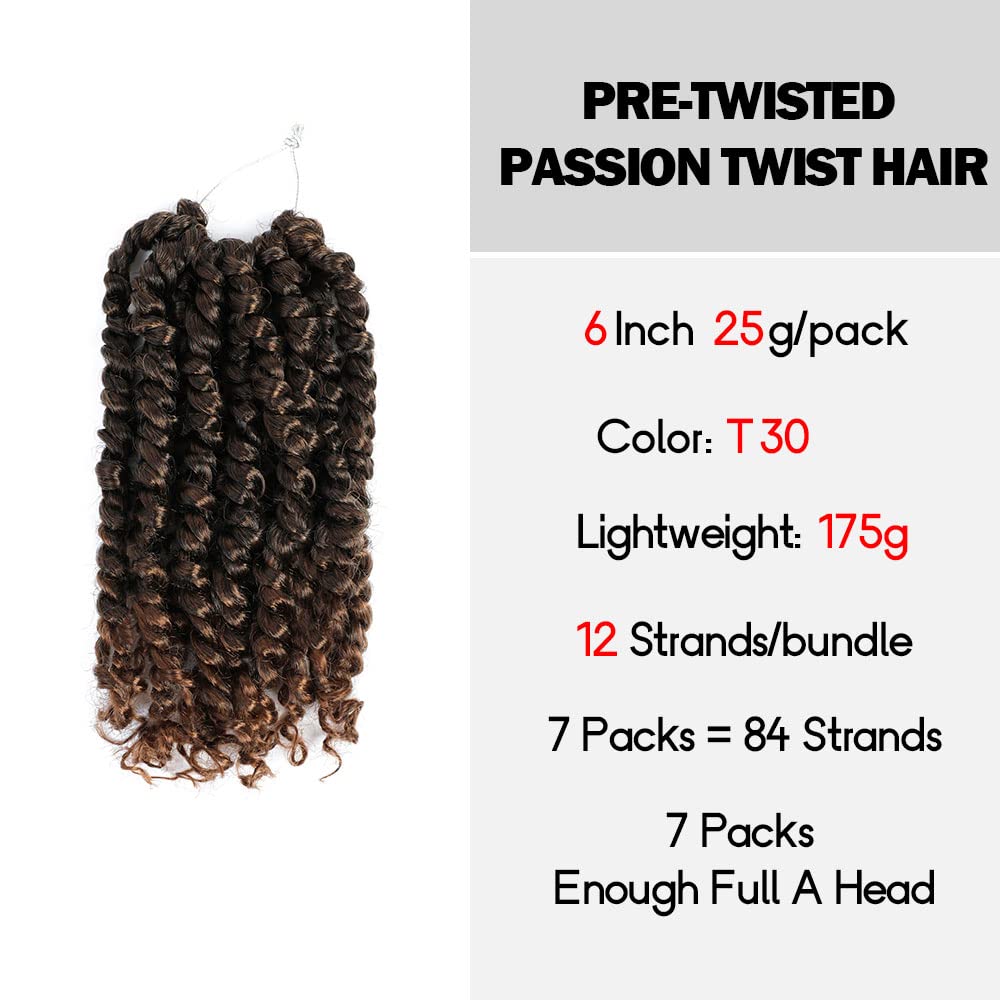 Wudas Short Passion Twist Hair 6 Inch Pre-Twisted Passion Twists Crochet Hair Ombre Light Brown Pre-Looped Synthetic Crochet Bra