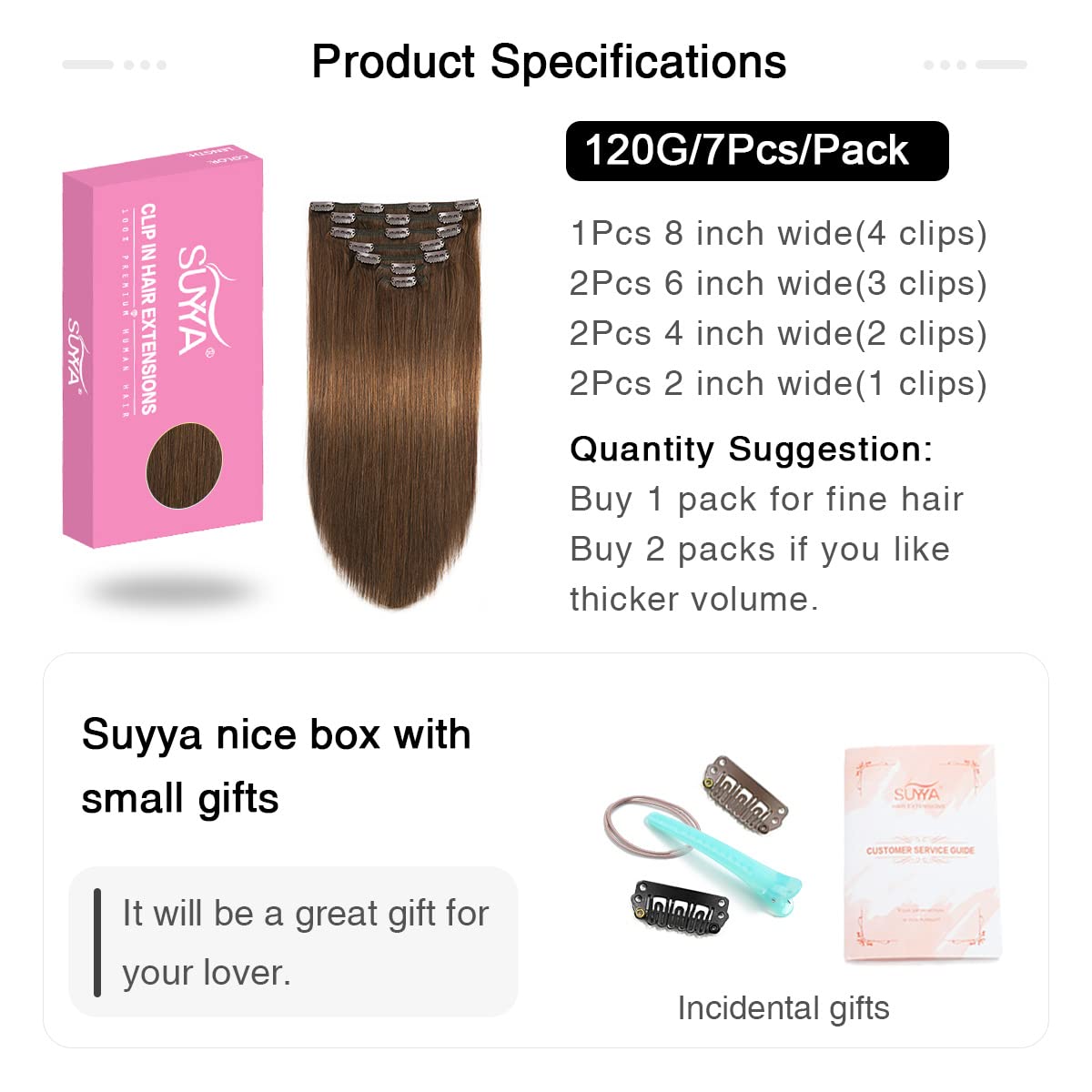 Suyya Clip In Hair Extensions Real Human Hair,Chocolate Brown Human Hair Extensions Clip Ins Straight Human Hair Clip Ins Double