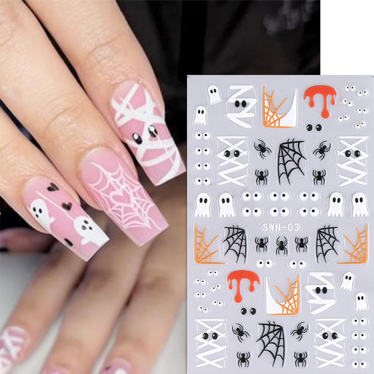 6Sheets Halloween Nail Art Stickers Cute Ghost Nail Decals For Nail Art Decoration 3D Pumpkin Spider Gothic Nail Art Design Stic