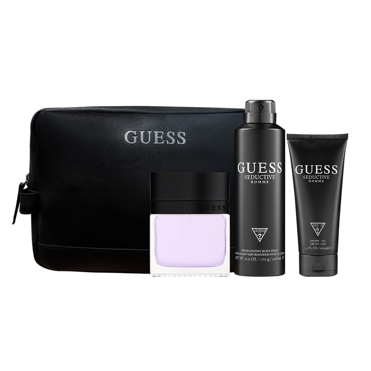 Seductive Homme by Guess for Men - 4 Pc Gift Set 3.4oz EDT Spray, 6oz Deodorant Body Spray, 3.4oz Shower Gel, Pouch