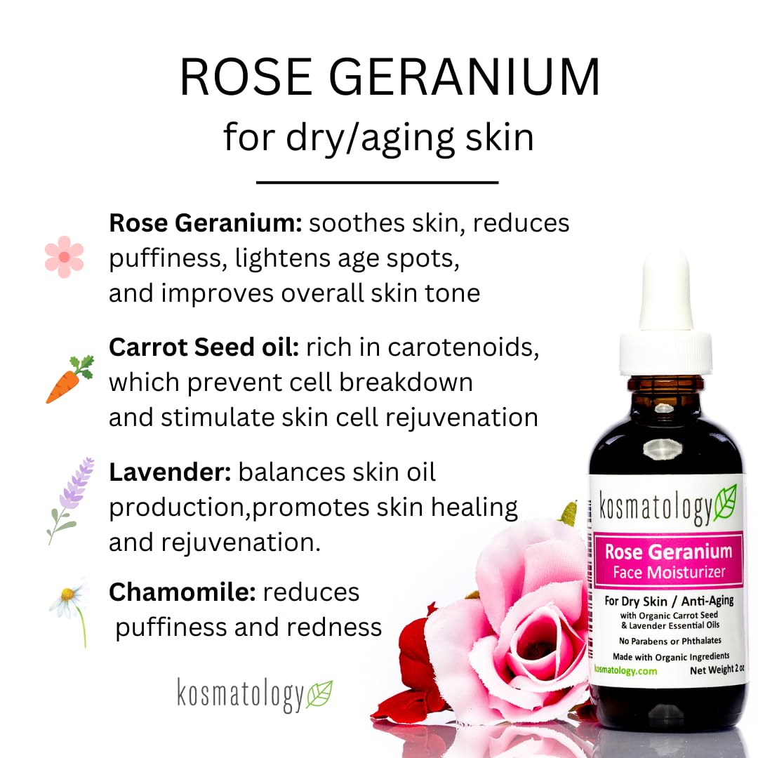 kosmatology Rose Geranium Organic Facial Moisturizer for Dry and Aging Skin | Vegan | 2 fl oz