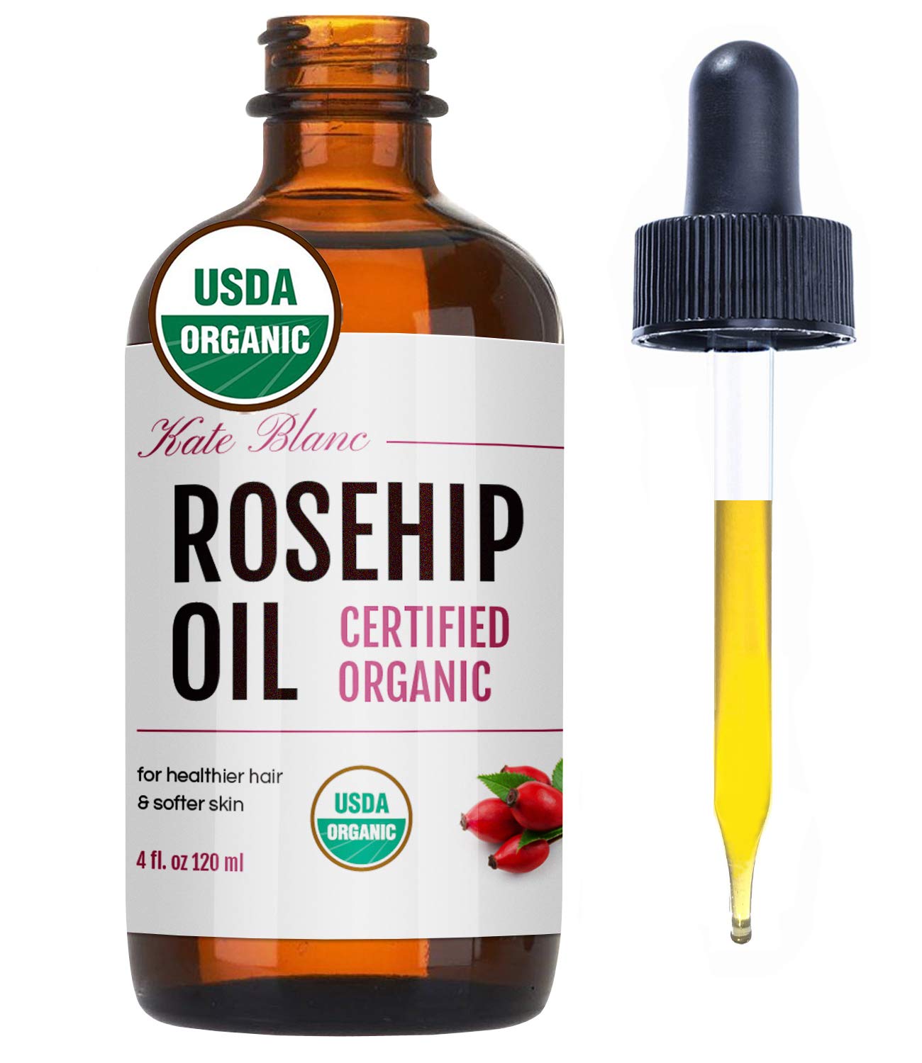 Kate Blanc Cosmetics Rosehip Oil for Face & Skin. Rosehip Seed Face Oil for Facial & Gua Sha Massage (4oz, Organic, Pure, Cold P
