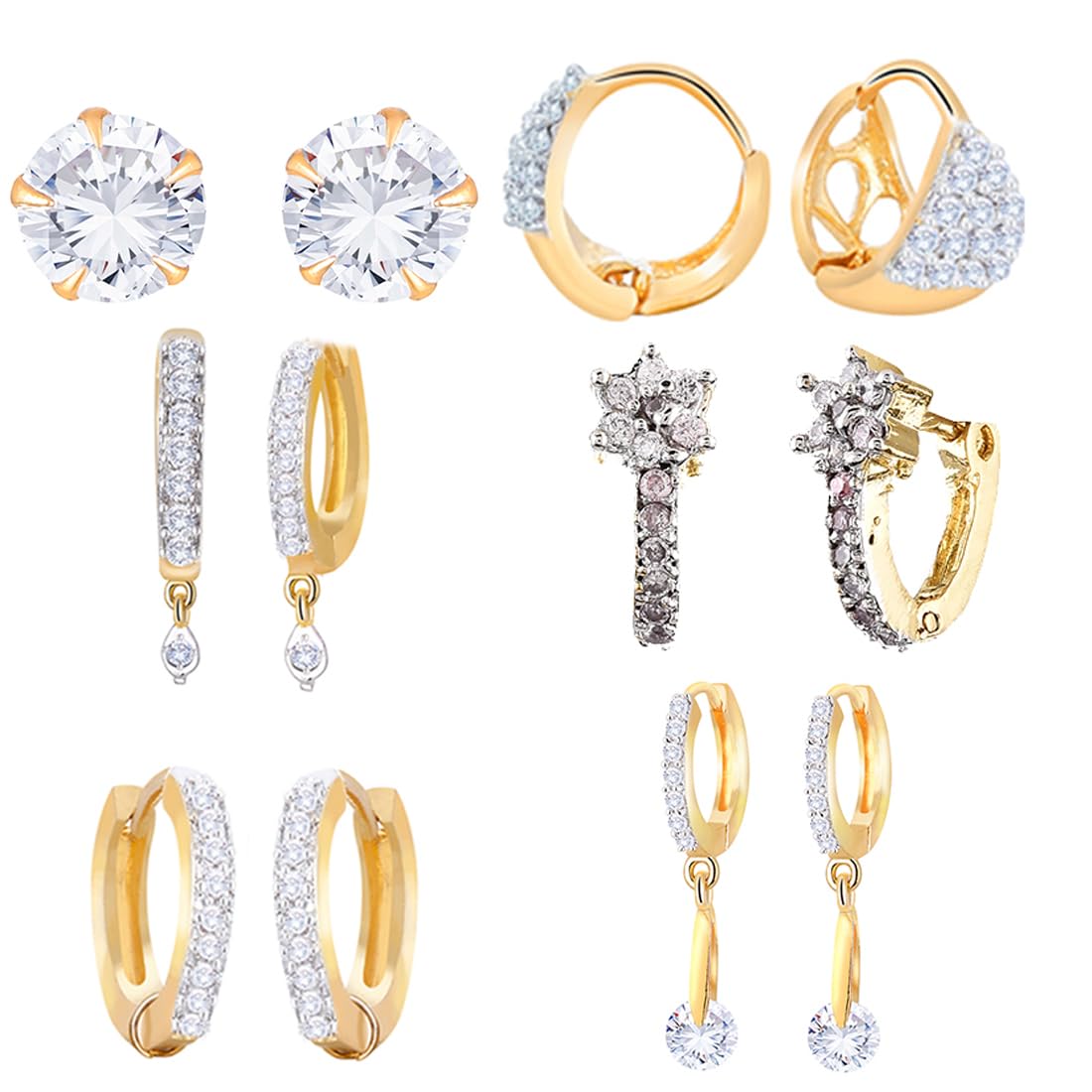 Zeneme Earring Gold Plated American Diamond Earrings Combo Of 8 Pairs Jewellery For Women & Girls (Design_14)