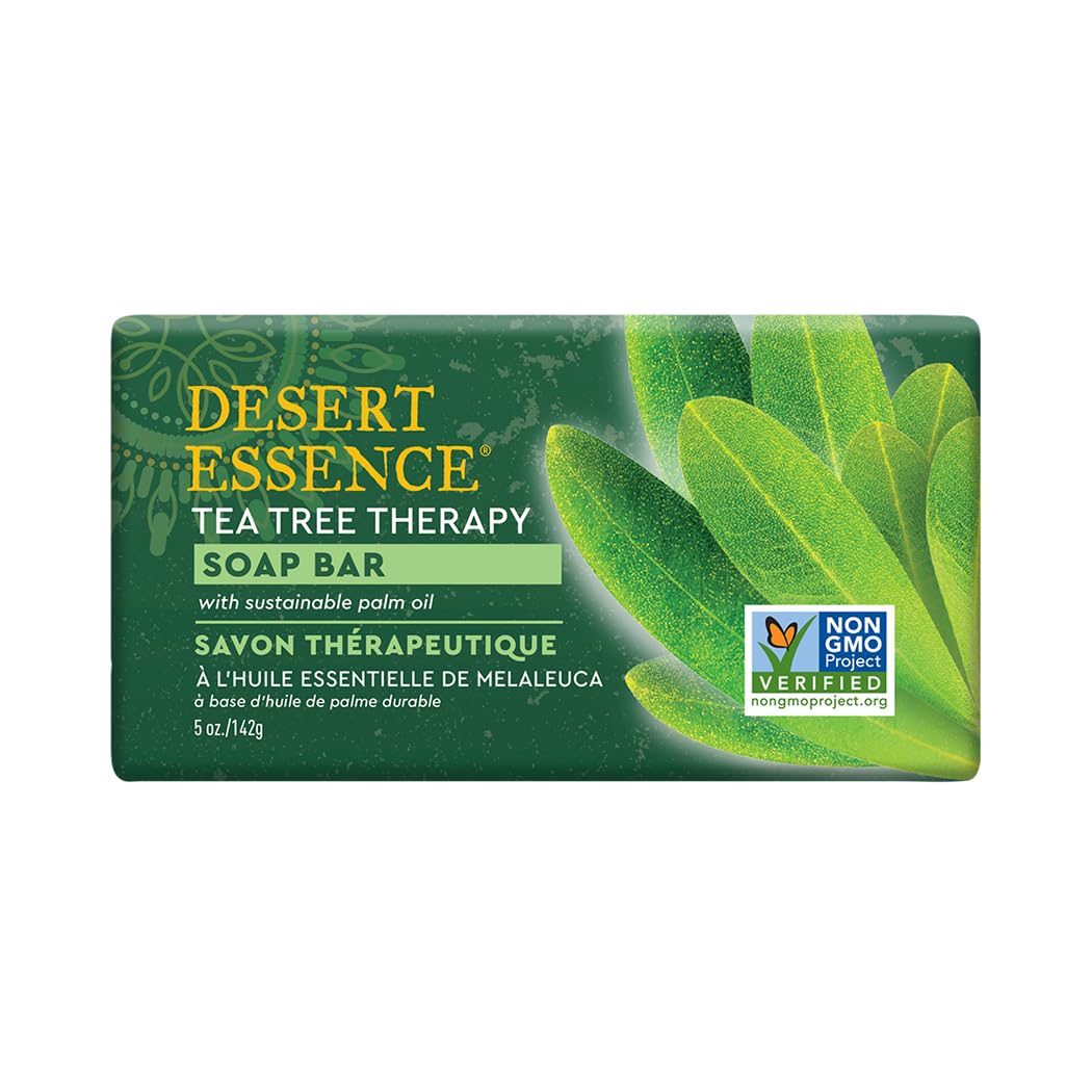 Desert Essence Tea Tree Therapy Cleansing Soap Bar - Plant-Based with Sustainable Palm Oil, Eco-Harvest Tea Tree, Jojoba Oil, Al