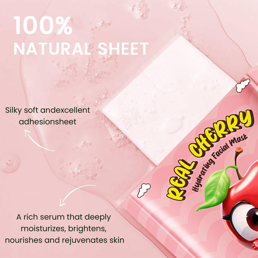 Kaely 10 Pack Cherry Face Masks For Kids, Spa Party Facial Mask Skincare Set, Sheet Masks Skin Care, Moisturize Brighten Soothe