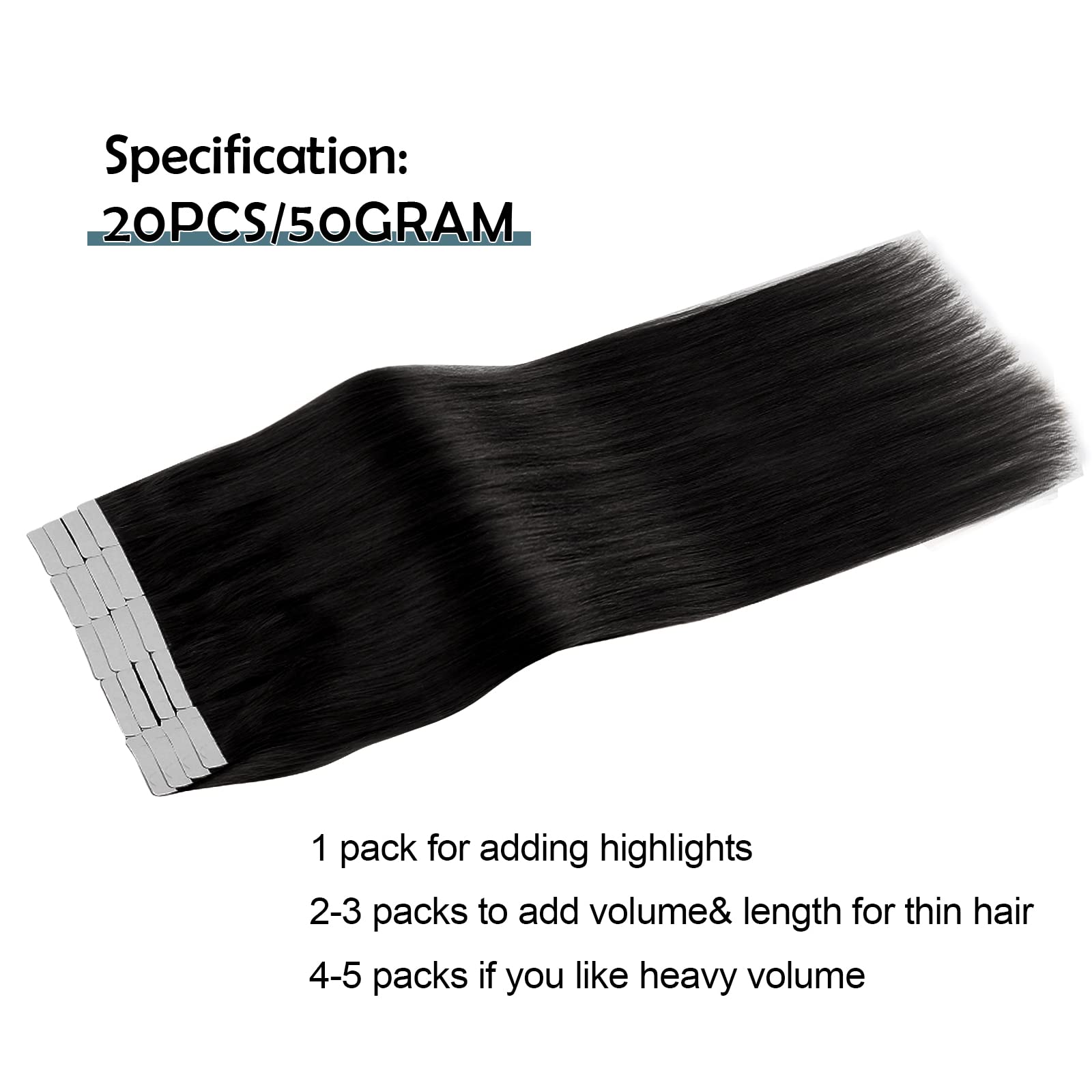 Sassina 20 Inch Remy Tape In Human Hair Extensions 50 Gram Invisible Seamless Skin Natural Tape In Human Hair 20 Pcs Jet Black H
