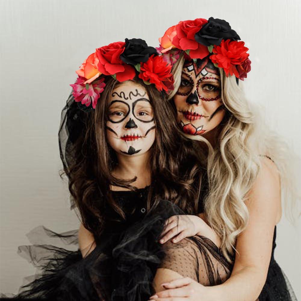 Atoden Flower Crown Day Of The Dead Rose Headbands Floral Crown Mexican Headpiece For Women Girls Black Red