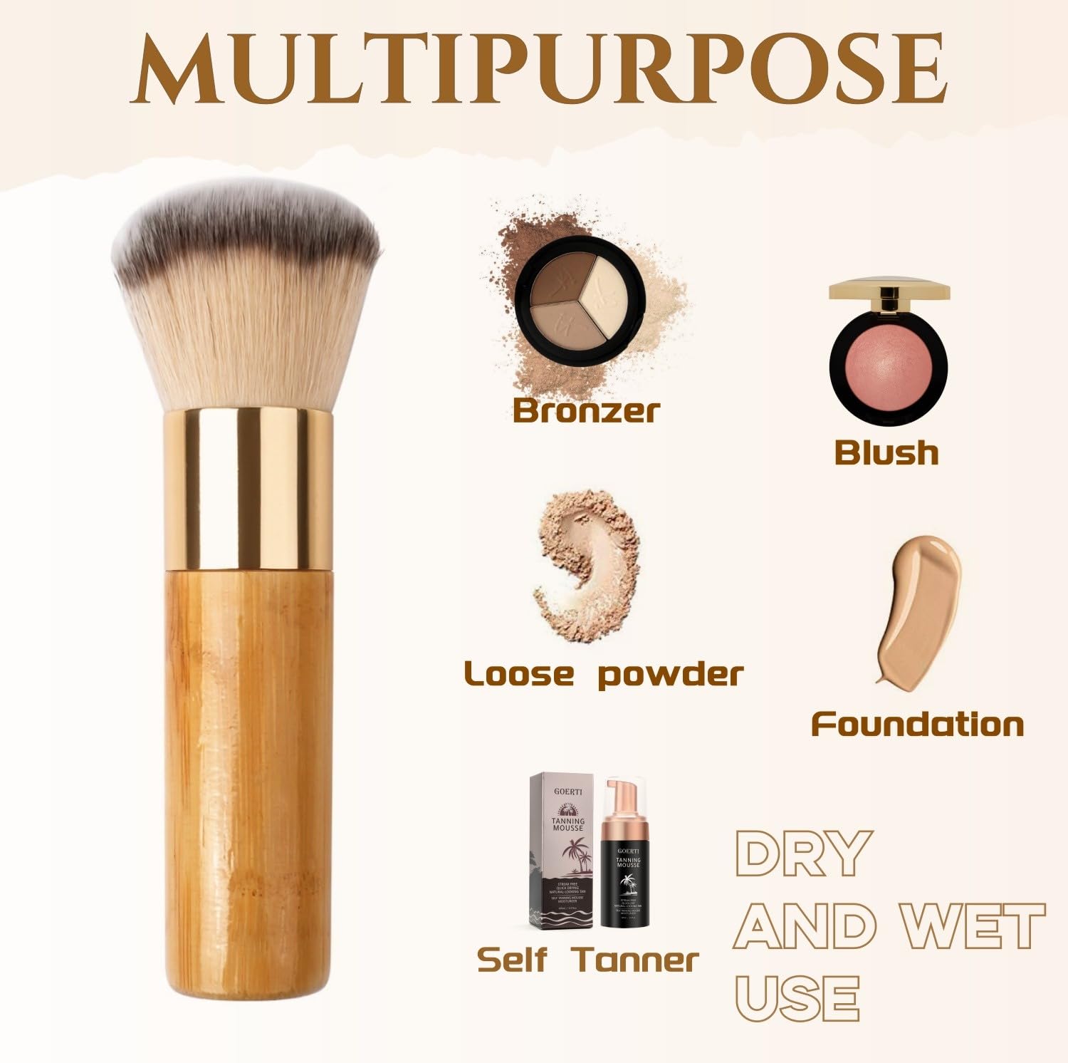 Goerti Bronzer Tan Self Tanning Brush, Vegan Large Kabuki Brush For Powder Foundation Self Tanner Applicator Brush, Professional