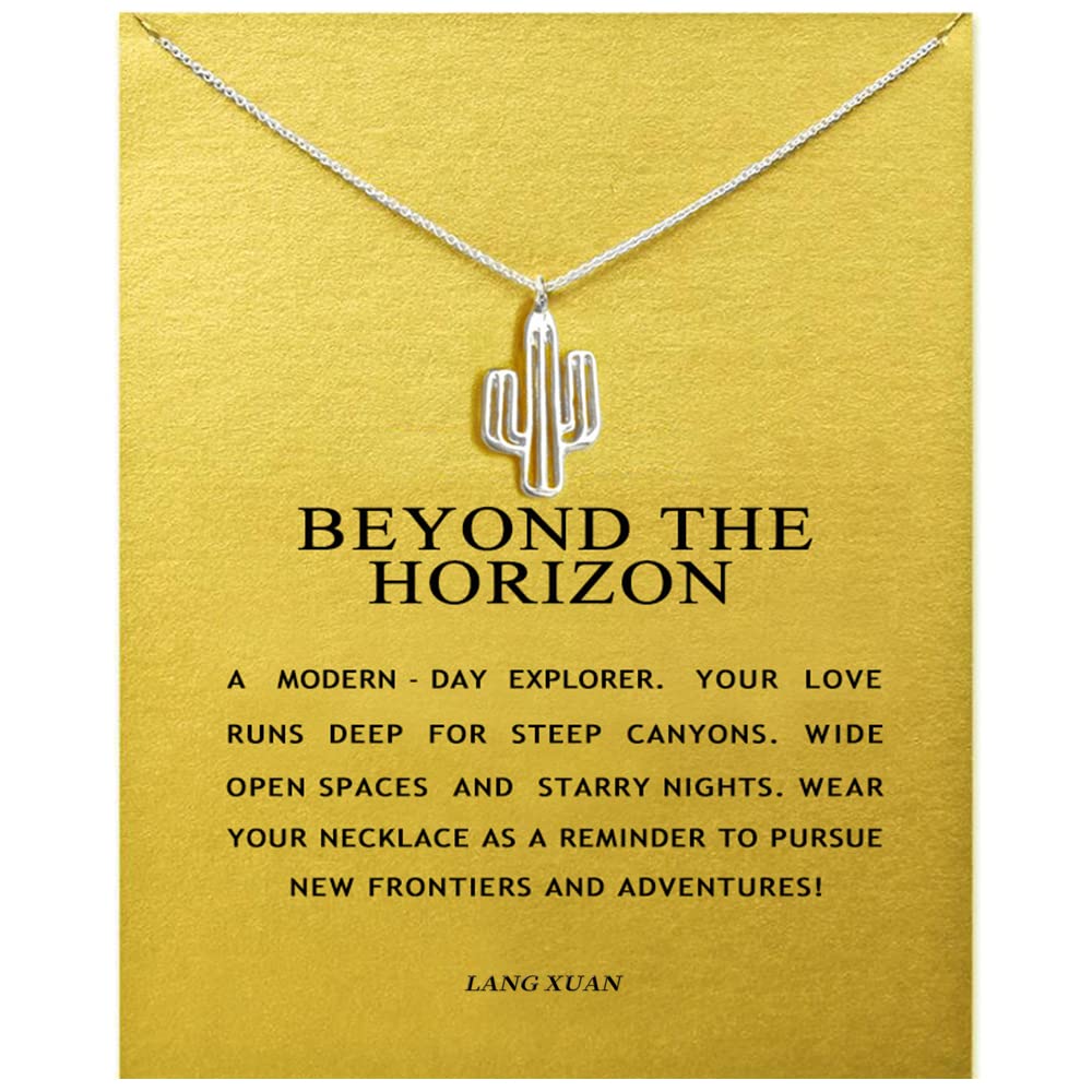 LANG XUAN Friendship Cactus Compass Necklace Message Card Butterfly Pendant Good Luck Elephant Pendant Chain Necklace with Gift 