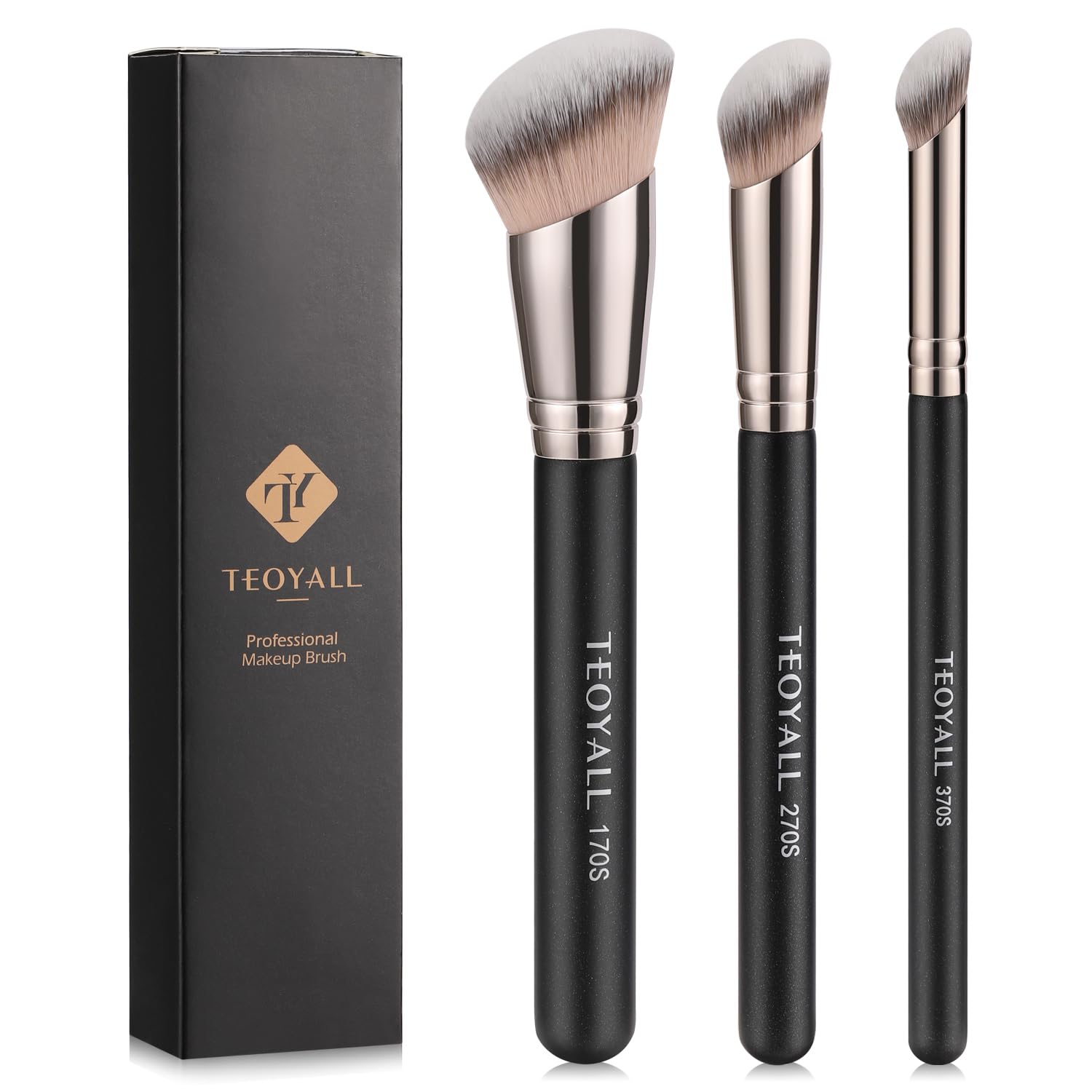 Teoyall Foundation Contour Conceal Brush Set, 3Pcs Angled Synthetic Kabuki Brush For Blending Setting Buffing With Liquid, Cream