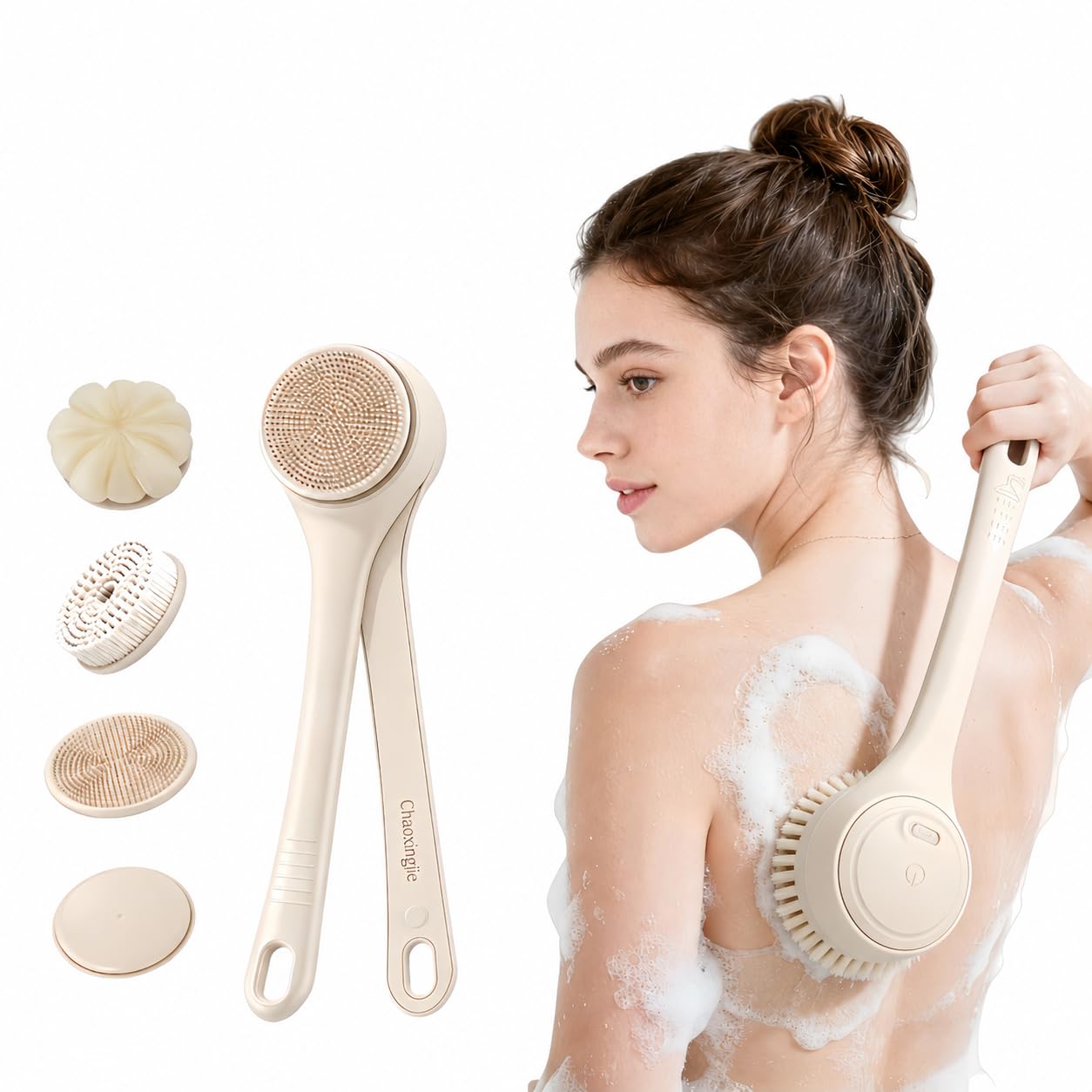Electric Body Brush Back Scrubber for Shower, Waterproof Long Dual Handle Power Body Scrubber with 4 Heads, Rechargeable Bath Br