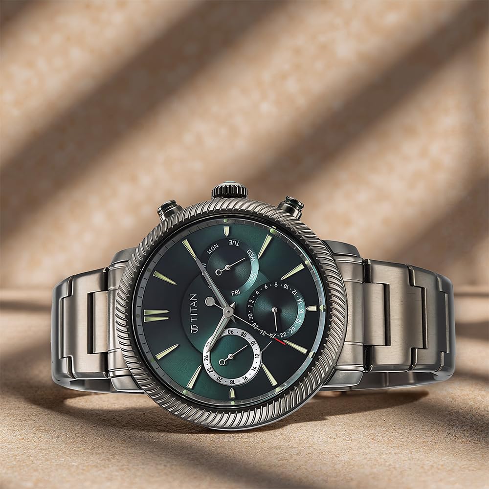 Titan Regalia Stellar Quartz Multifunction Green Dial Stainless Steel Strap Watch for Men-NS10012QM01/NT10012QM01