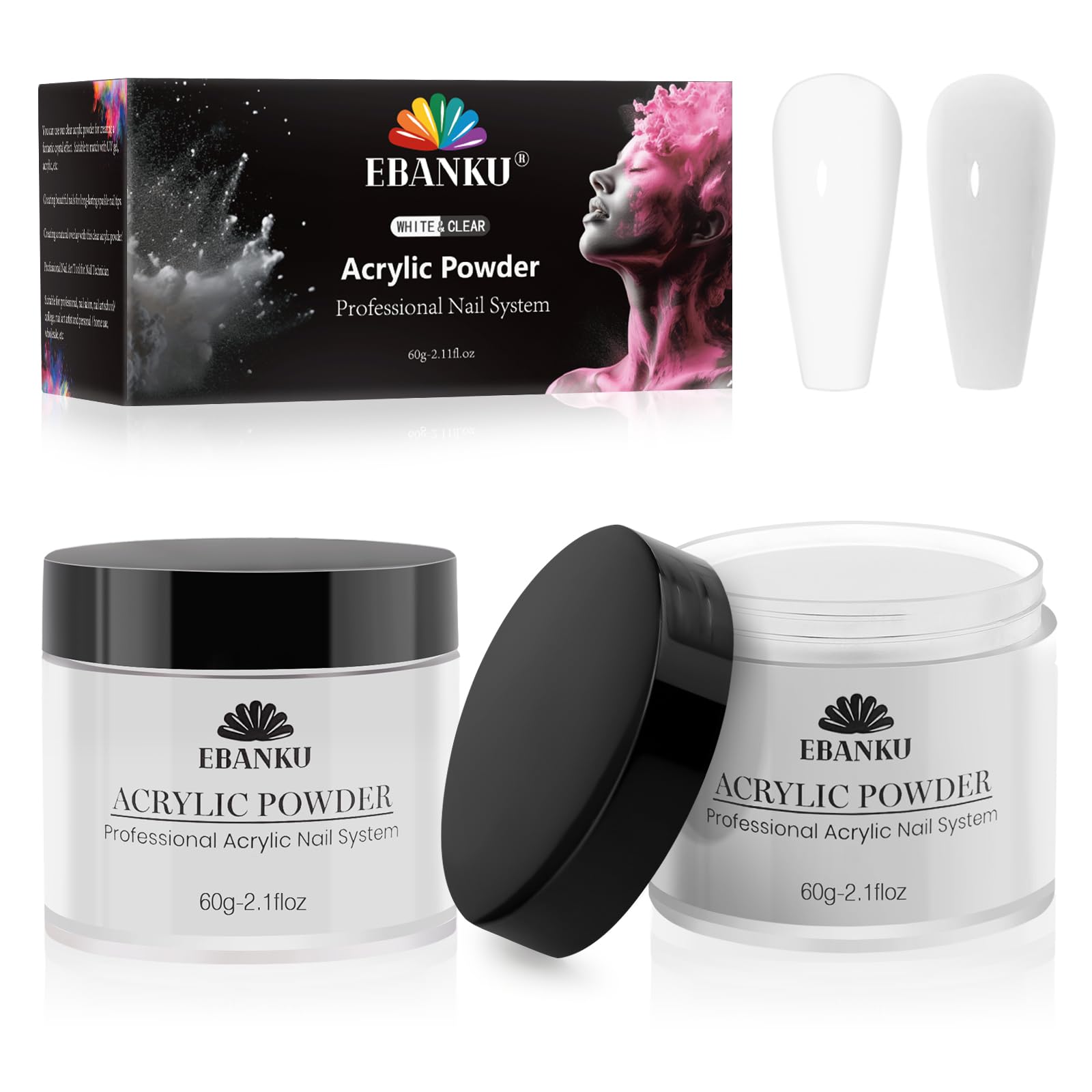 EBANKU 2 Colors Acrylic Nail Powder Set, White Clear Acrylic Powder Professional Nail Acrylic Powder for Nail Acrylic Extension,