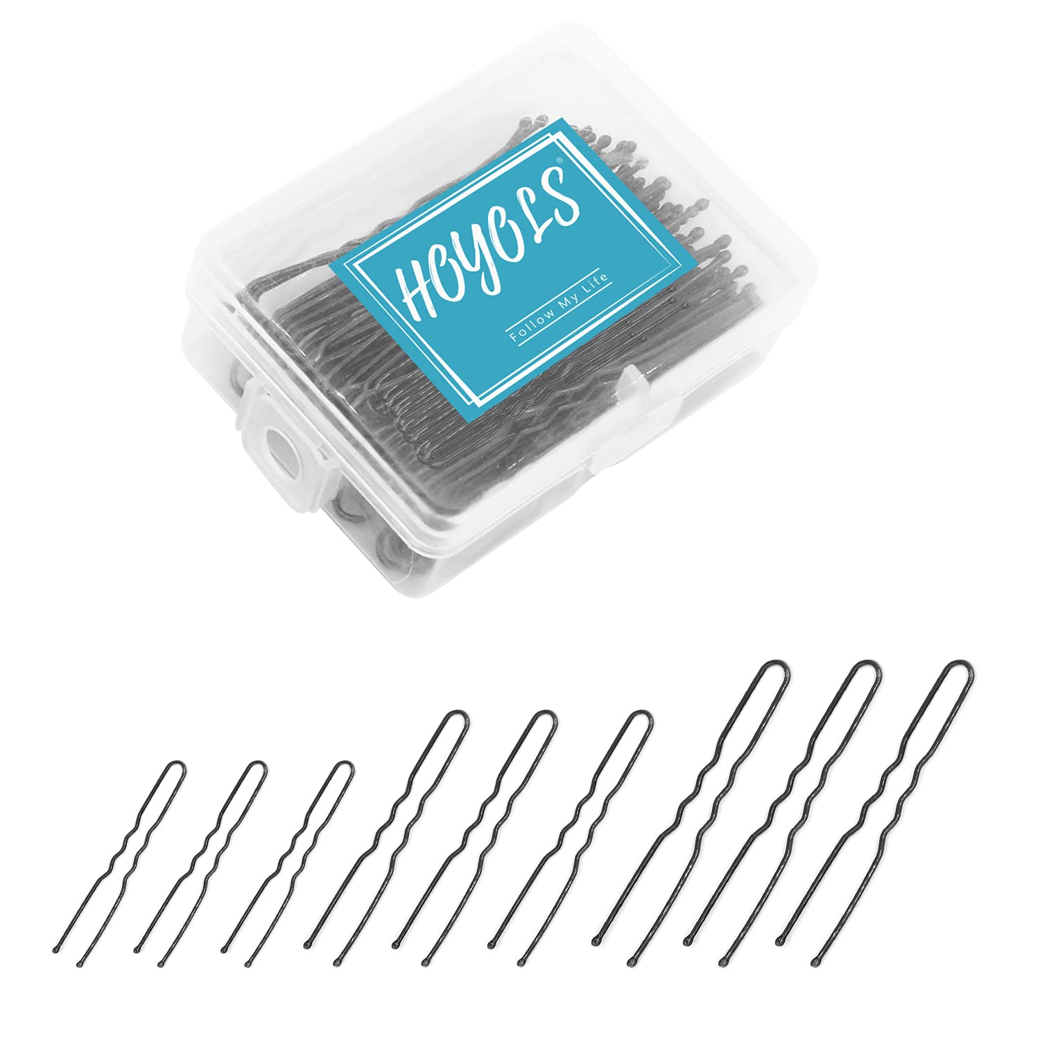 HOYOLS U Shaped Bobby Pins Black, Assorted Size U Shaped Hair Pins, Secure Hold Metal Bun Clips Crimped Design with Ball Tips fo