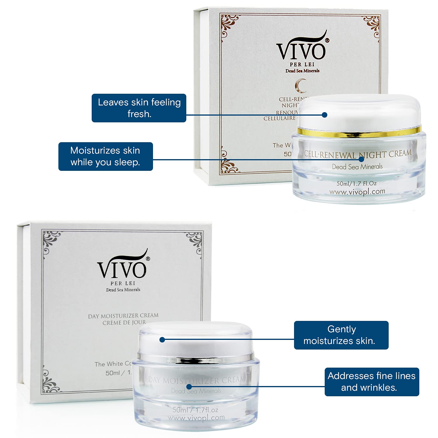 Night And Day Cream Set From Vivo - Face Moisturizer Cream Set For A Tired Skin - Unisex Day And Night Skin Care - Dead Sea Crea