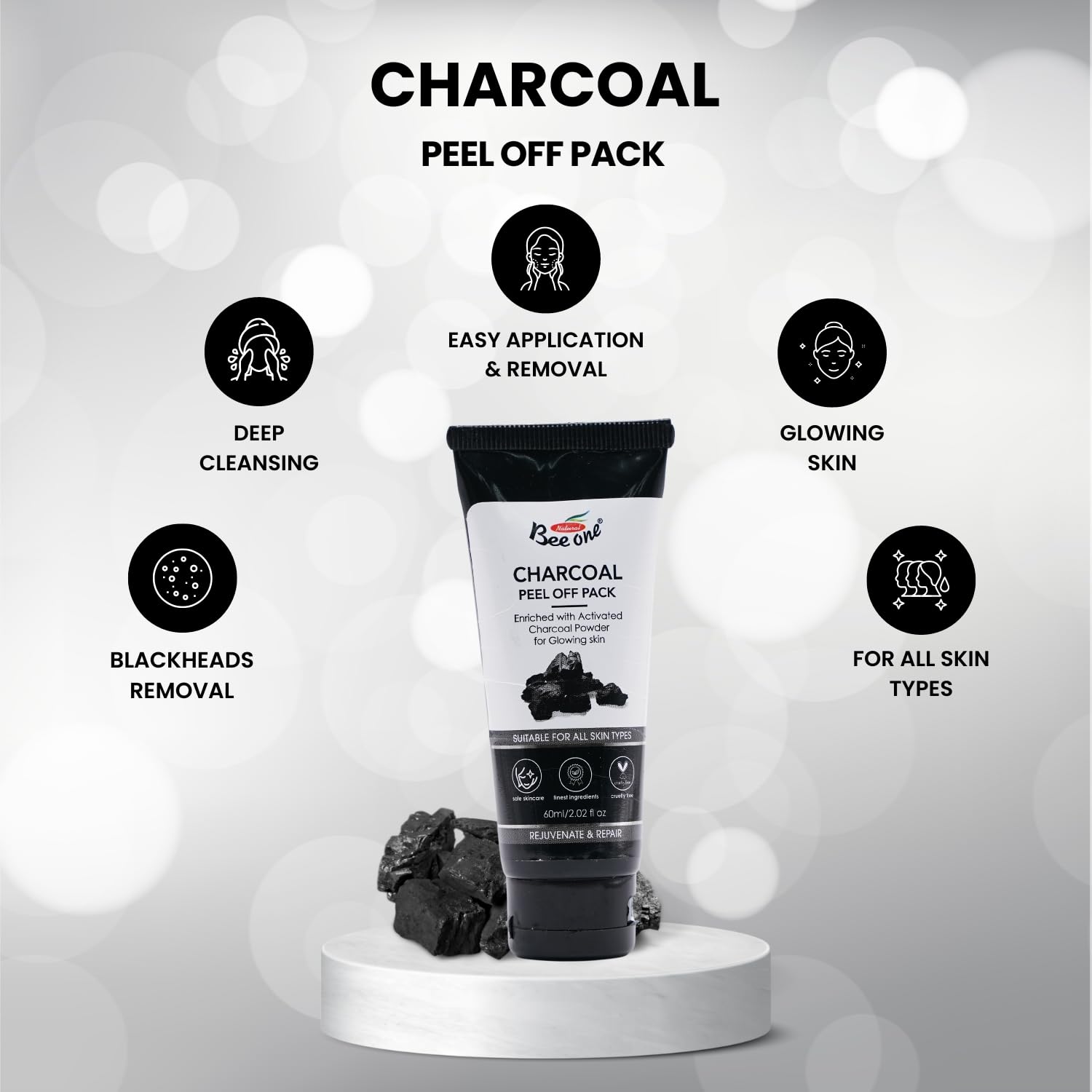 BEE ONE Charcoal Peel Off Pack 60ml/2.02 Fl Oz - Face Mask for Blackhead Remover Men & Women Face Nose Skin Cleaner - Suitable F