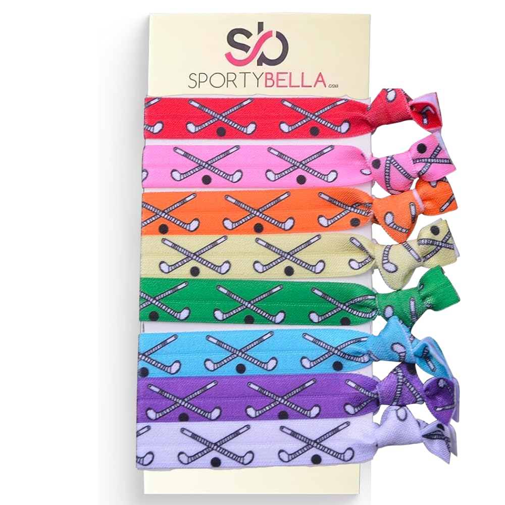 Multi-Colored Girls Field Hockey Hair Accessories, No Crease Ponytail Holders with Hockey Stick Design (8 pcs) - by SPORTYBELLA