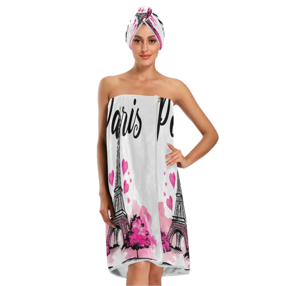 Nander Painted Eiffel Tower Paris Women 3Pcs Bath Towel Wrap & Dry Hair Cap Adjustable Closure Shower Robes,Soft Absorbent Quick