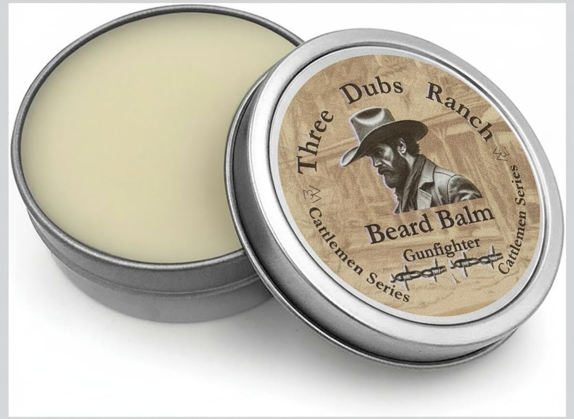 Three Dubs Ranch Beard Balm Gunfighter 100% Natural withGlycerin, Aloe, Macha Tea, Almond oil, Argan oil, Vitamin E, Tallow, Bee