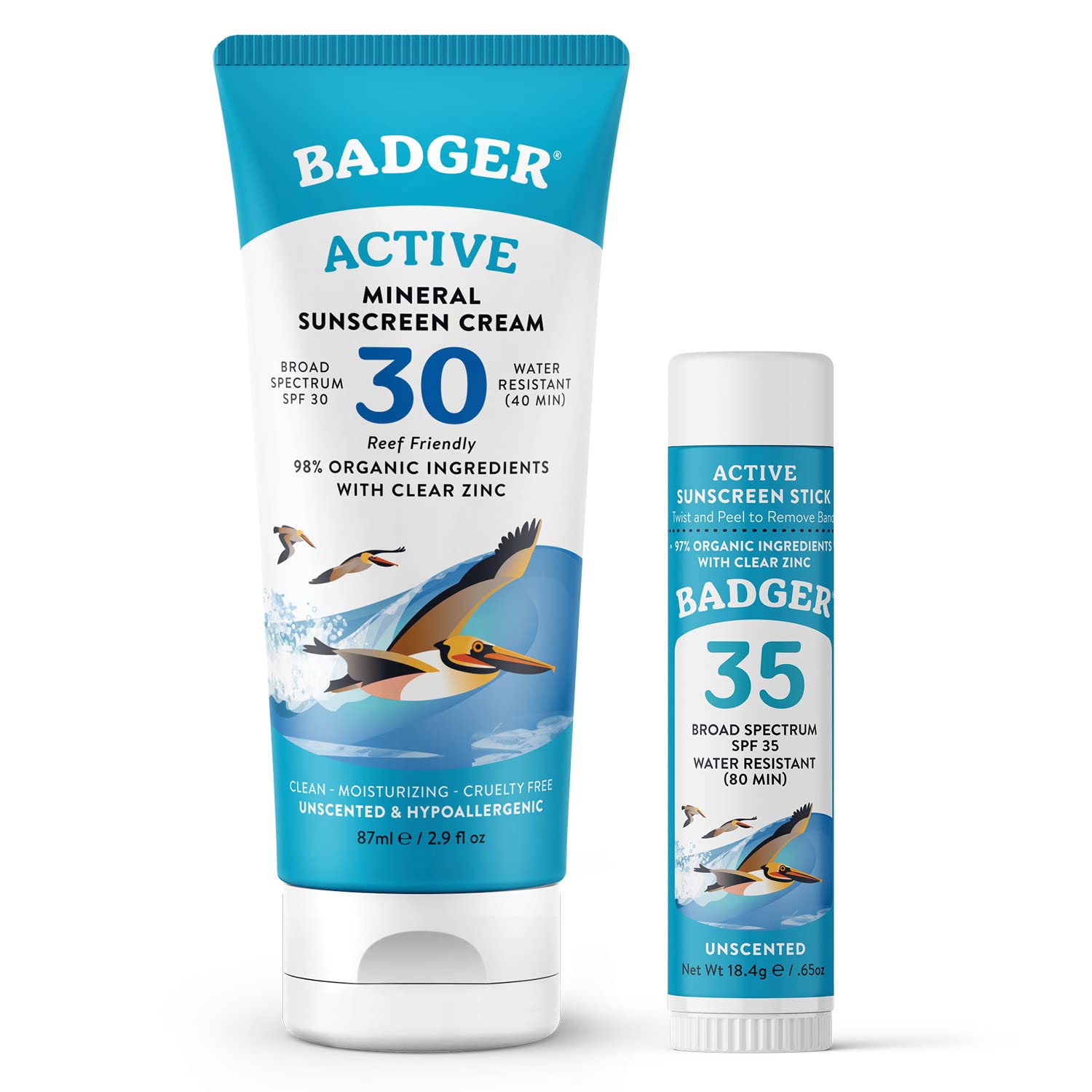 Badger Mineral Sunscreen Combo, Spf 30 Cream & Spf 35 Face Stick, Organic Reef Safe Broad Spectrum Water Resistant With Zinc Oxi