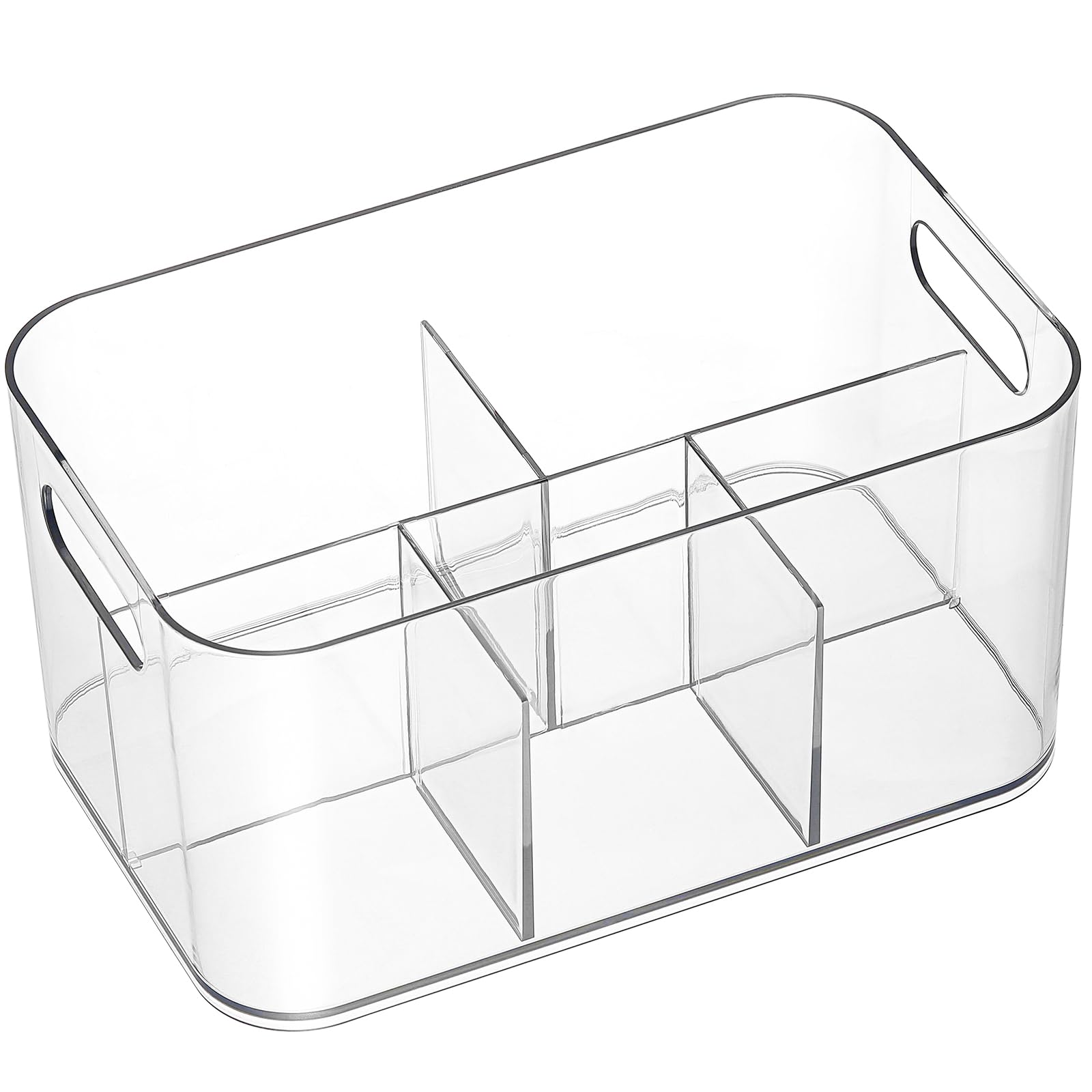 2 Pack, 5-Compartment Clear Plastic Bin - Divided Art Supplies, Cosmetic Makeup Caddy Organizer - Multiuse Storage Container For